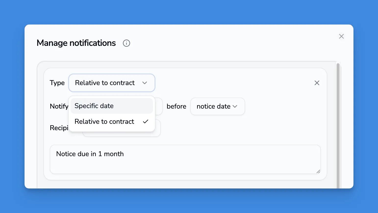 Manage notifications dialog with type selector and message field for SaaS license renewal alerts