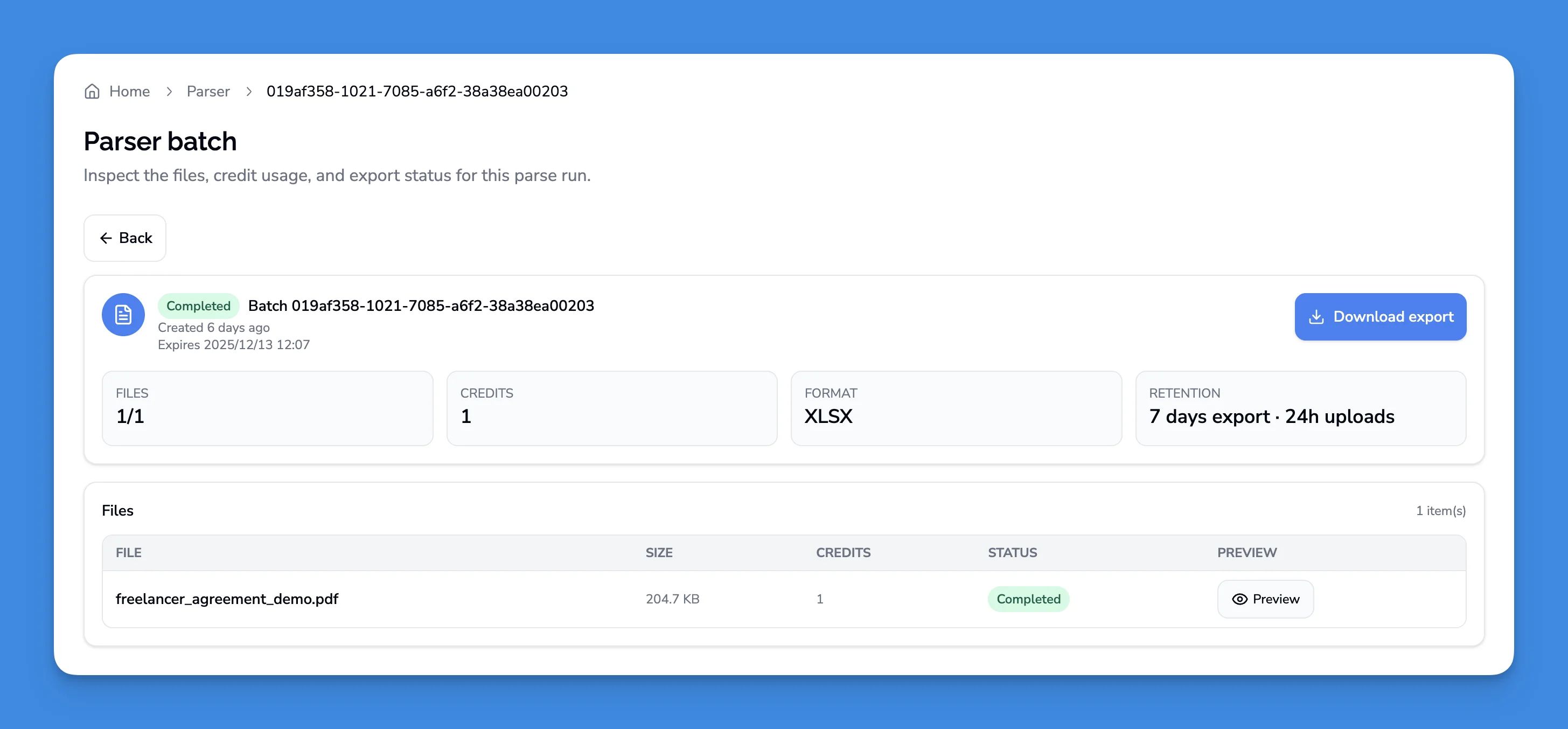 Batch processing results showing extracted vendor name, contract value, and renewal date fields