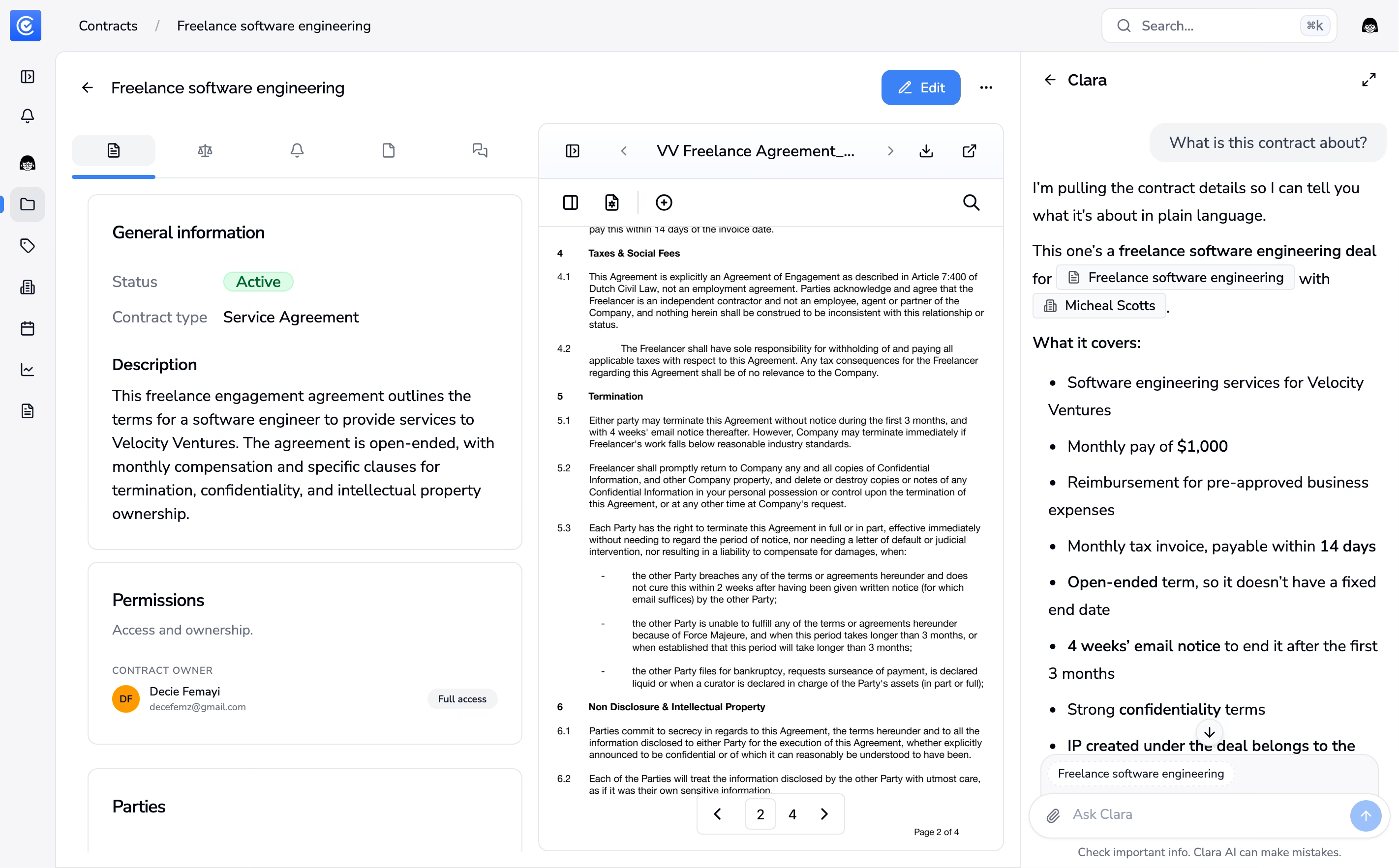 Clara AI sidebar opened from a contract page with contextual prompts ready to use