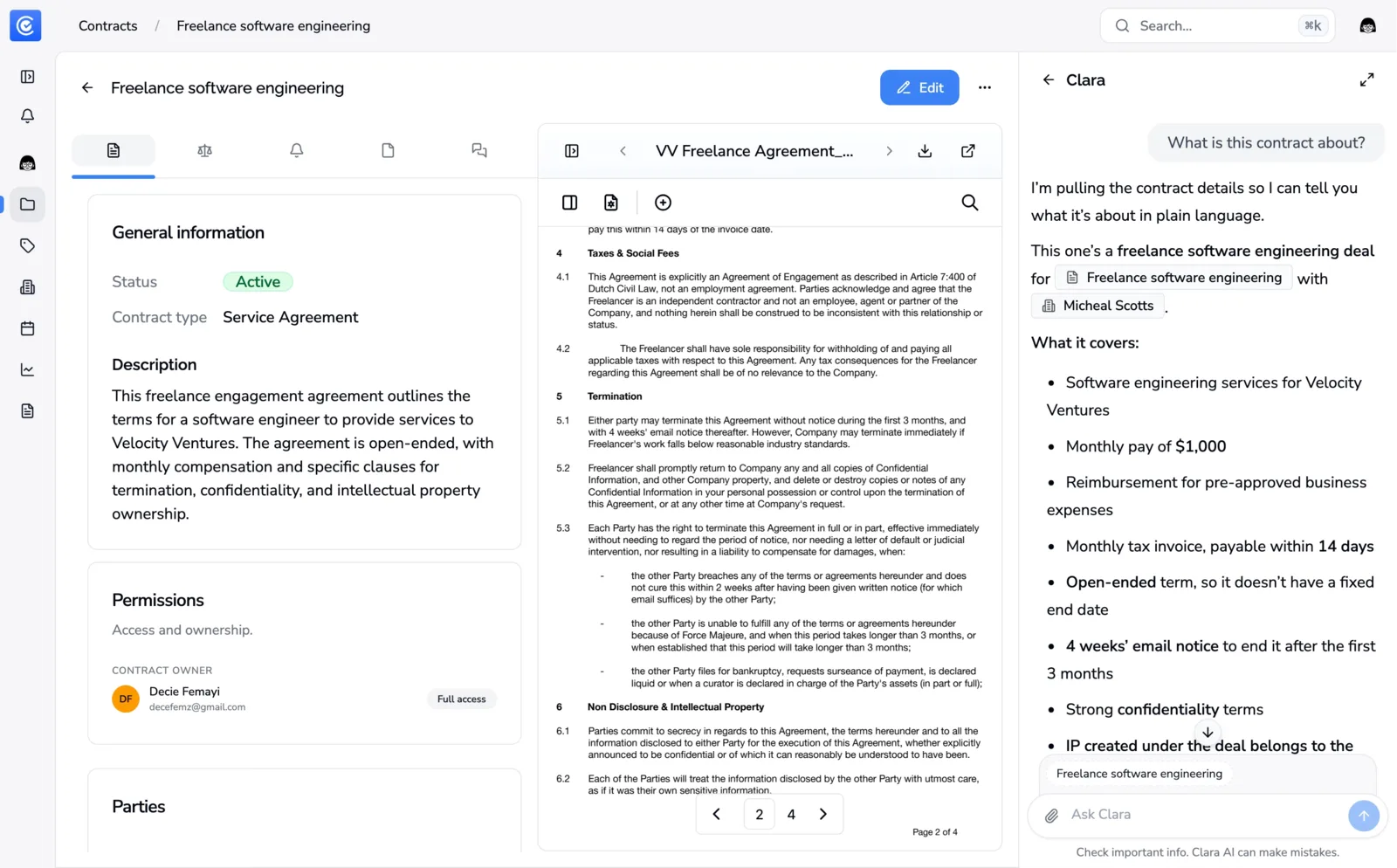 Panel Clara AI otwarty ze strony umowy z gotowymi podpowiedziami kontekstowymi