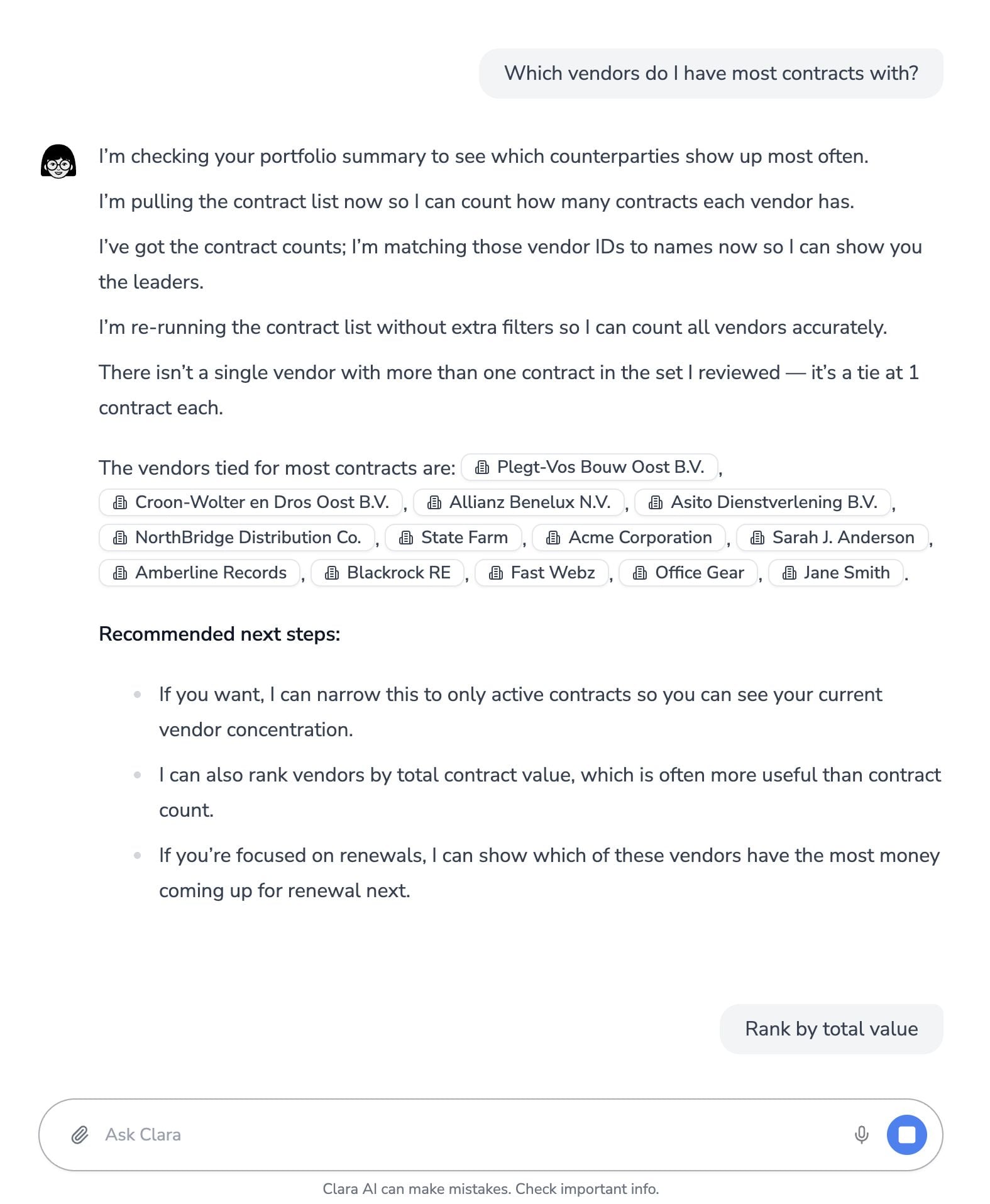 Clara AI identifying the top vendors across an entire contract portfolio