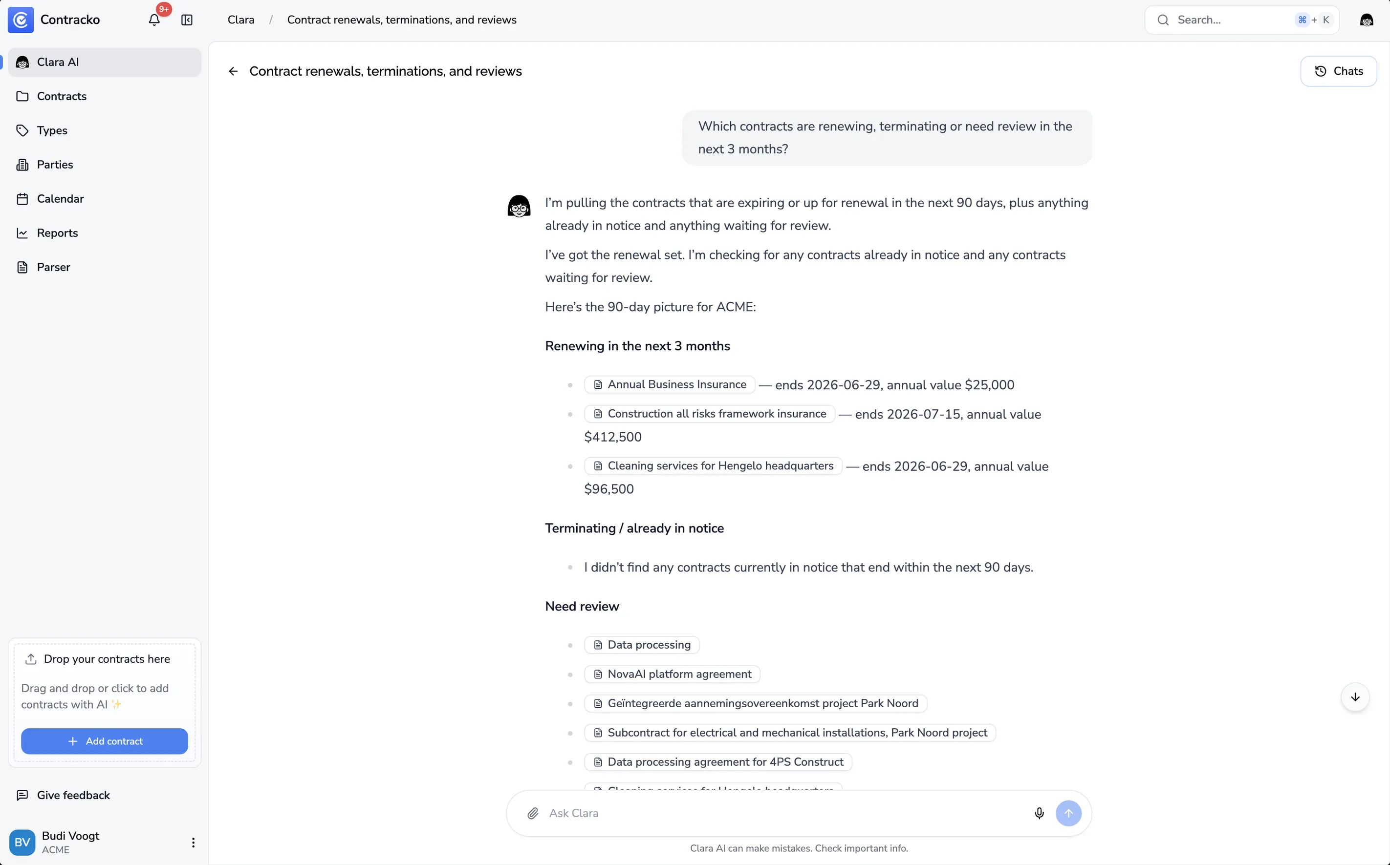 Clara AI showing contract renewals, terminations, and reviews