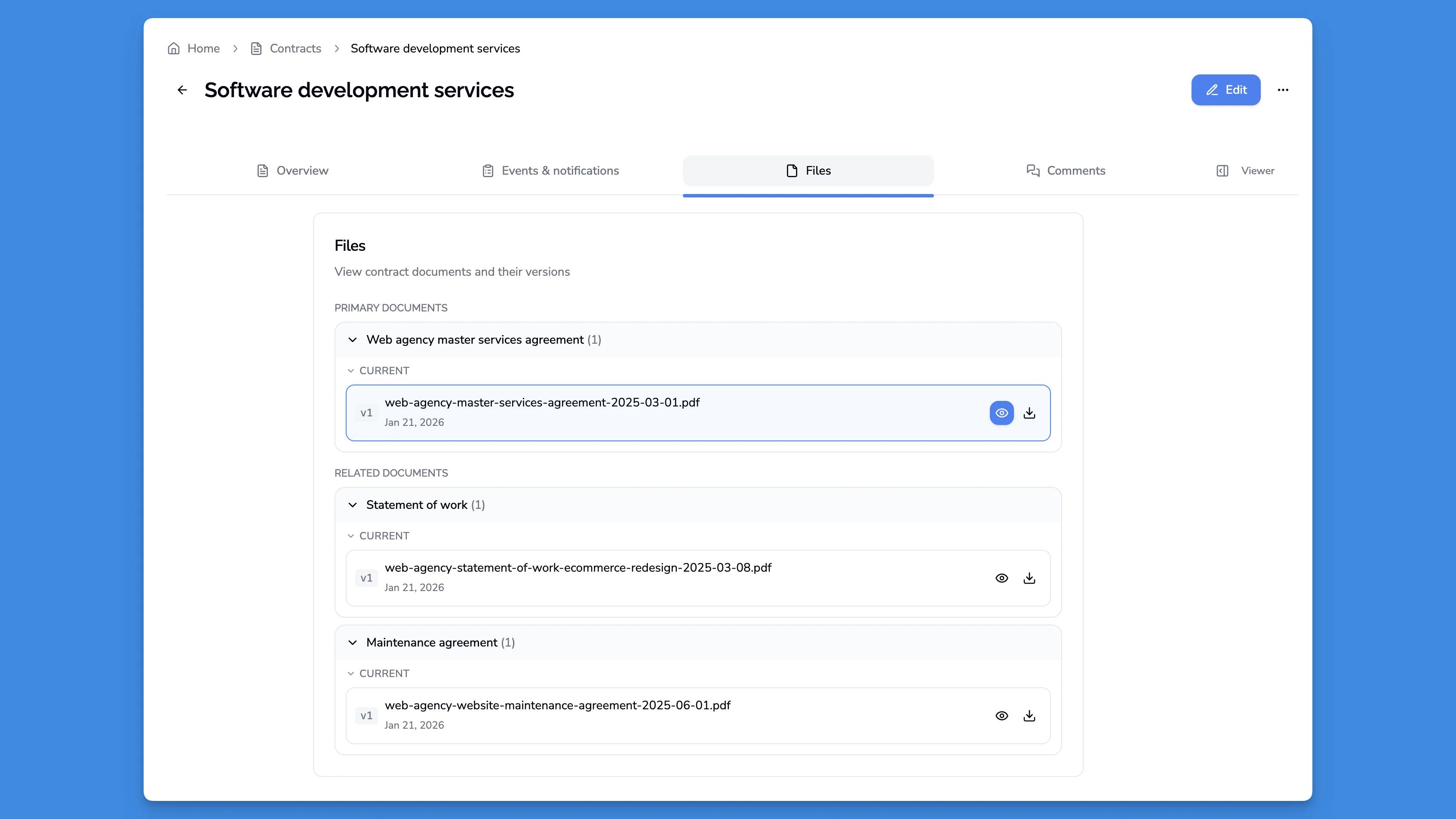 Files tab showing document versions for CFO renewal cost forecasting report