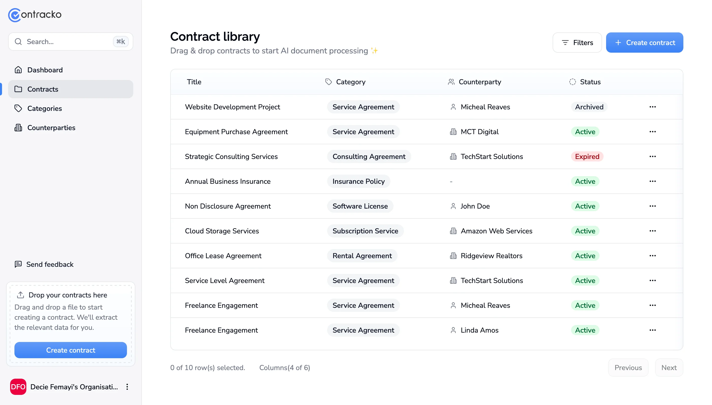 Full contract library with sidebar, title, category, counterparty, and status columns for vendor archive