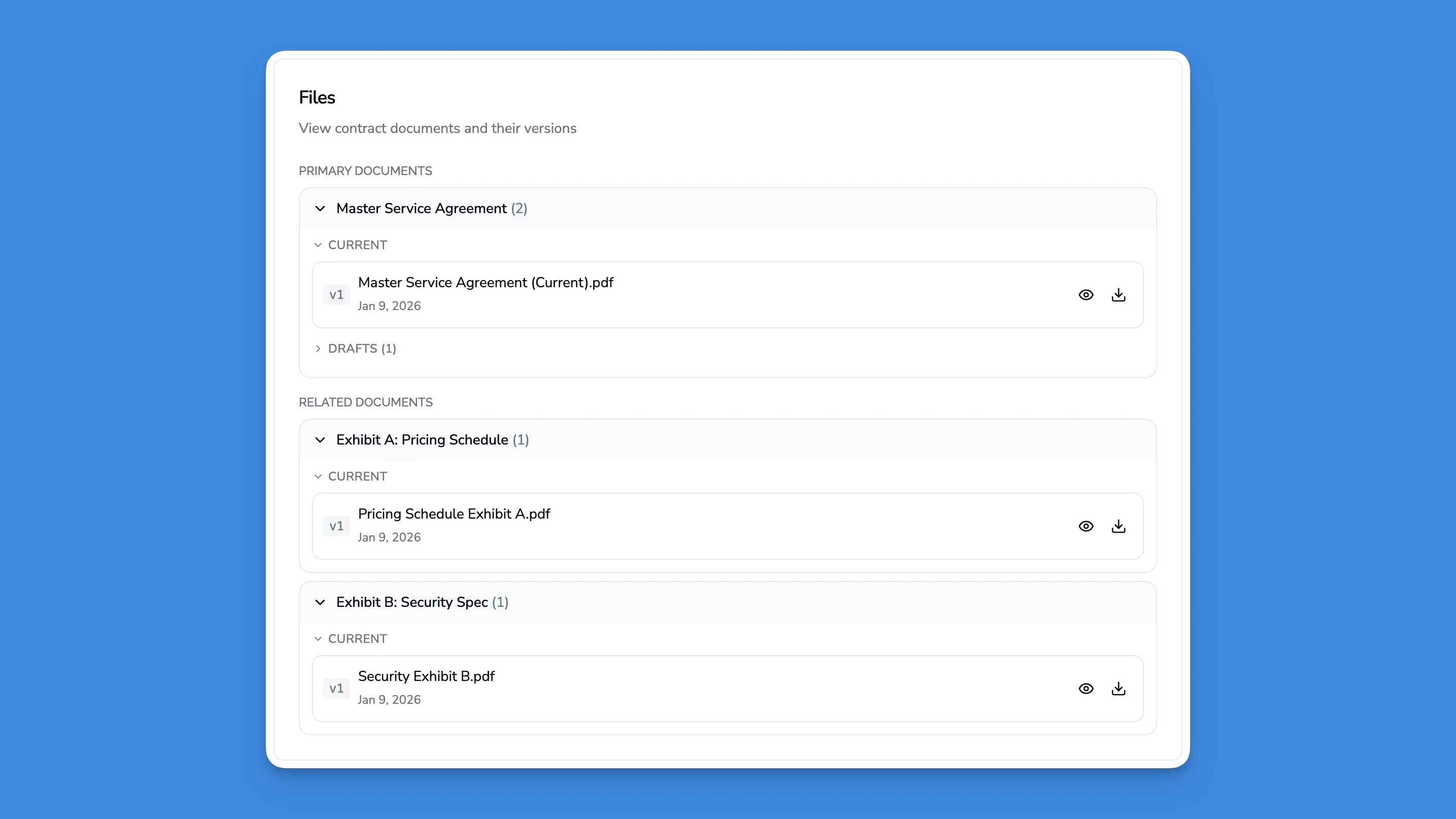 Contract version history view