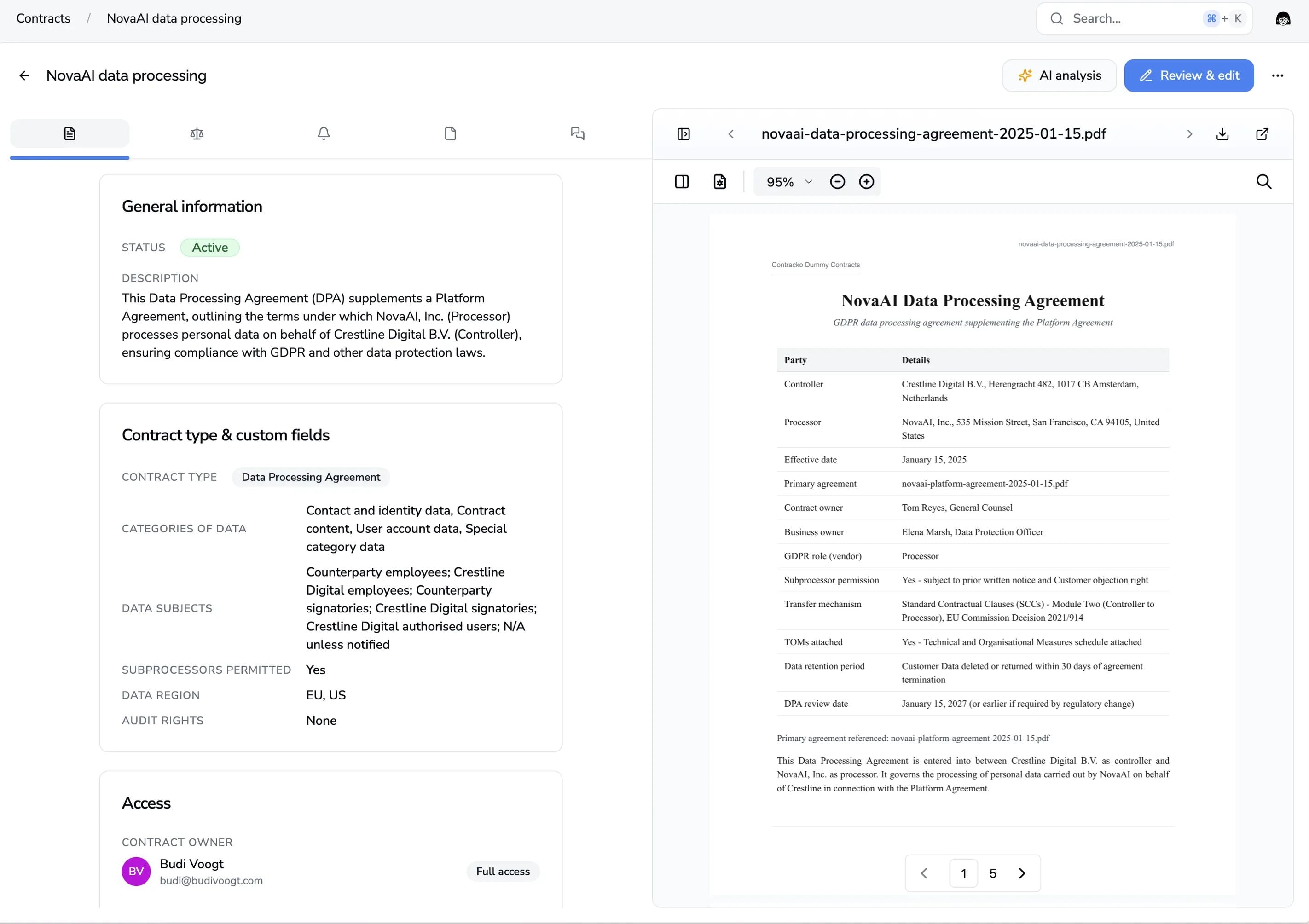 Verwerkersovereenkomst met geëxtraheerde AVG-velden en pdf-preview