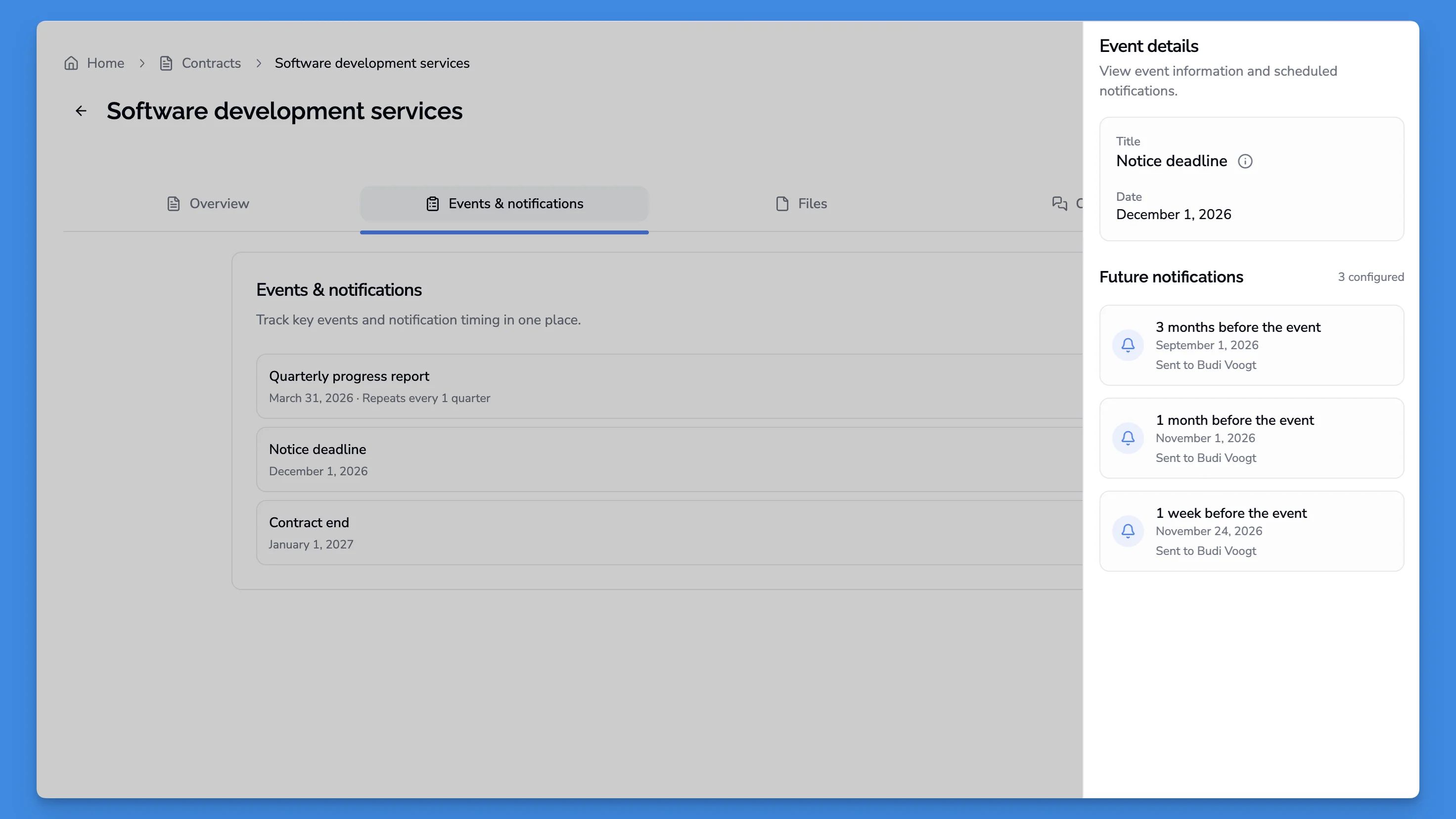 Events and notifications timeline with contract obligations and renewal dates for CFO dashboard