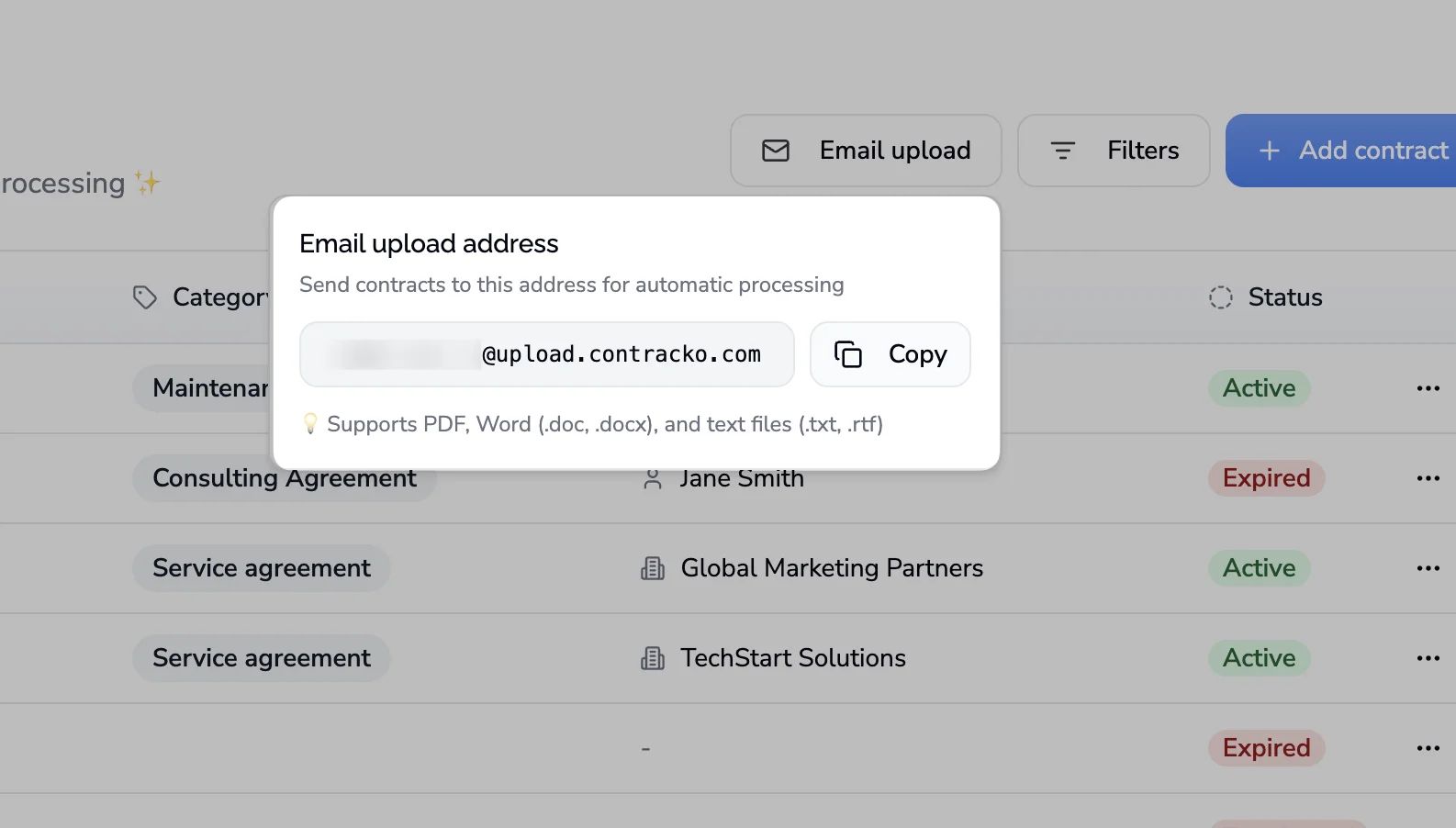 Email upload address for forwarding contracts from inbox