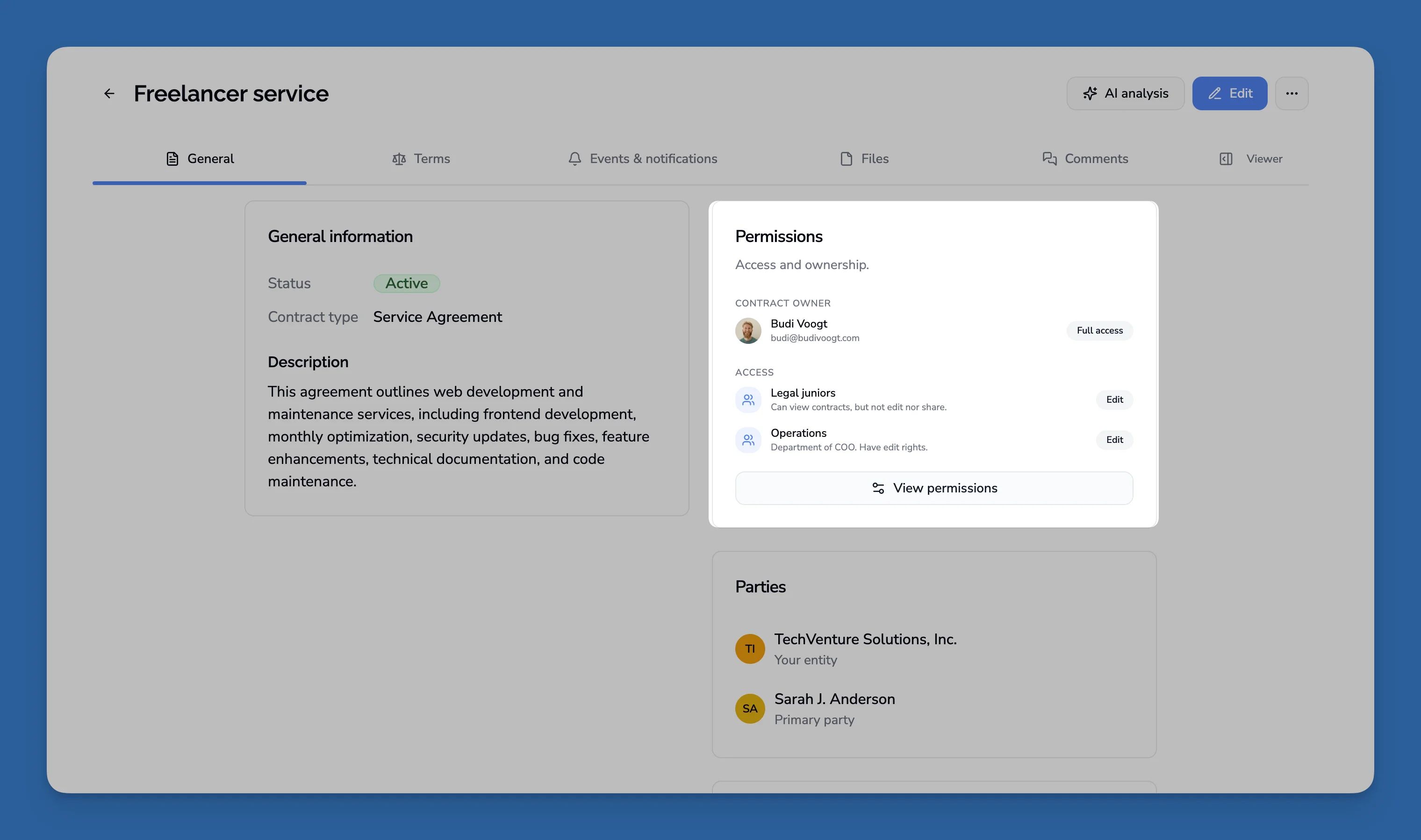 Contract editor showing permissions popup with full access and edit roles for HR