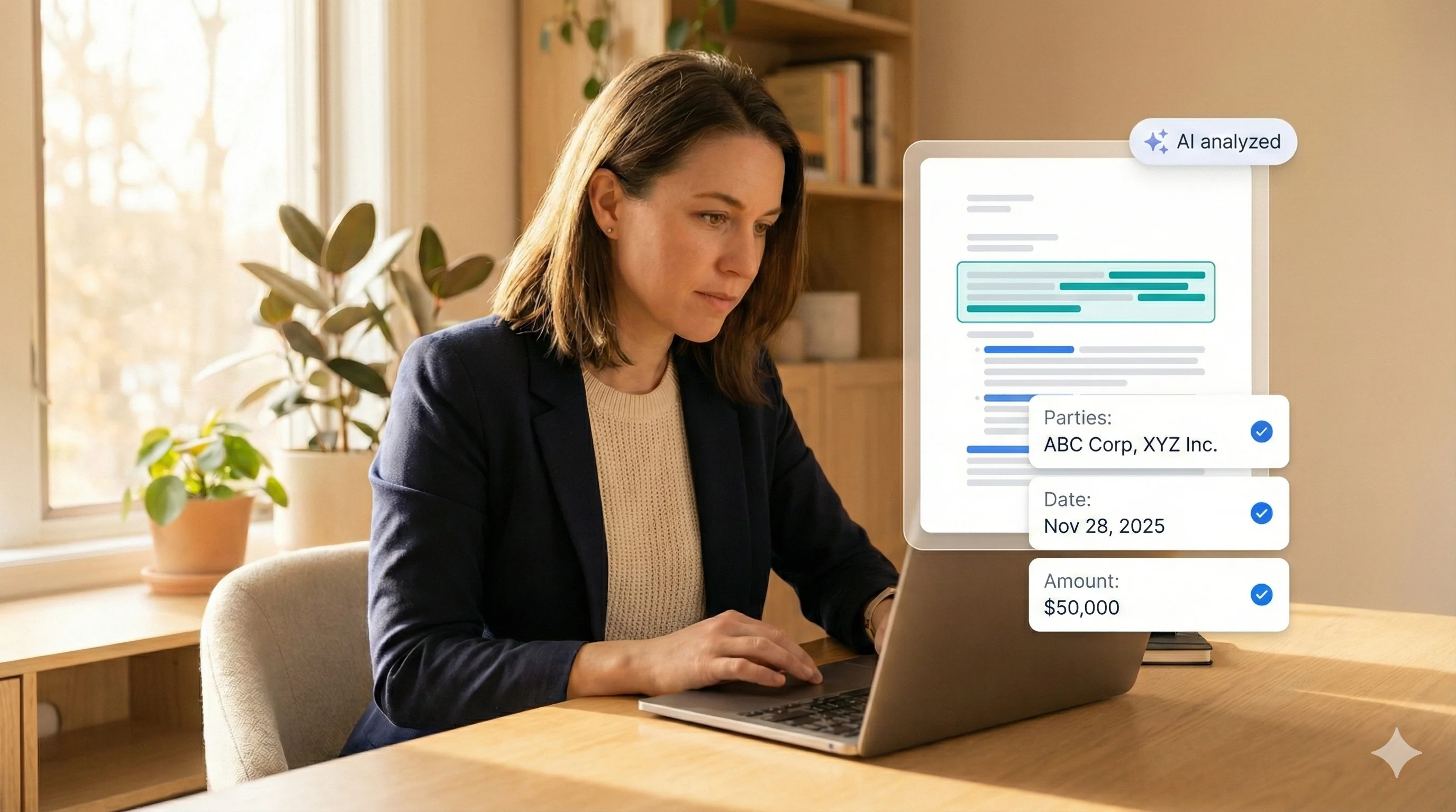 AI system analyzing a contract document, highlighting key clauses and extracting important data points automatically