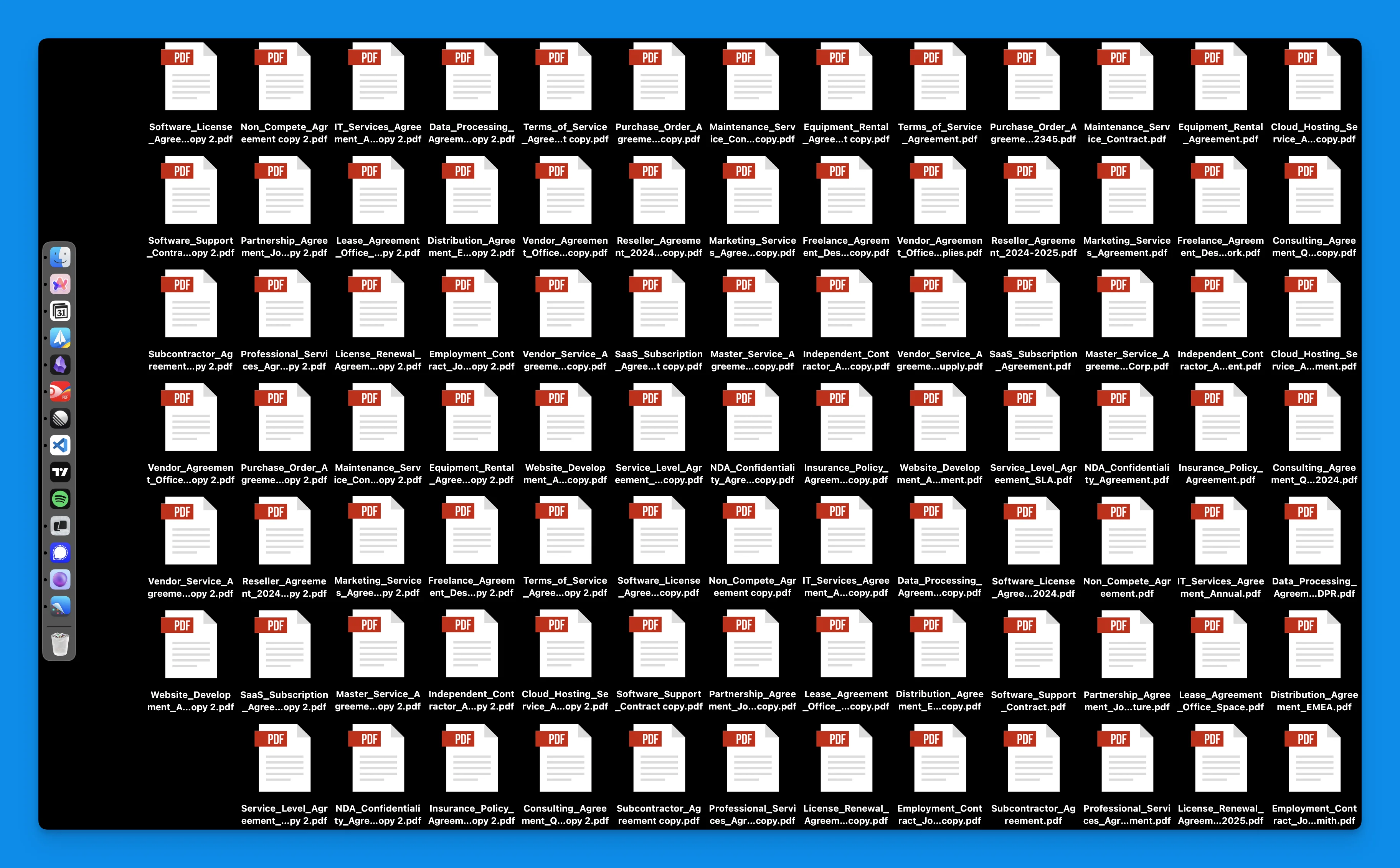 Cluttered desktop full of contract PDFs showing manual contract management chaos before AI automation