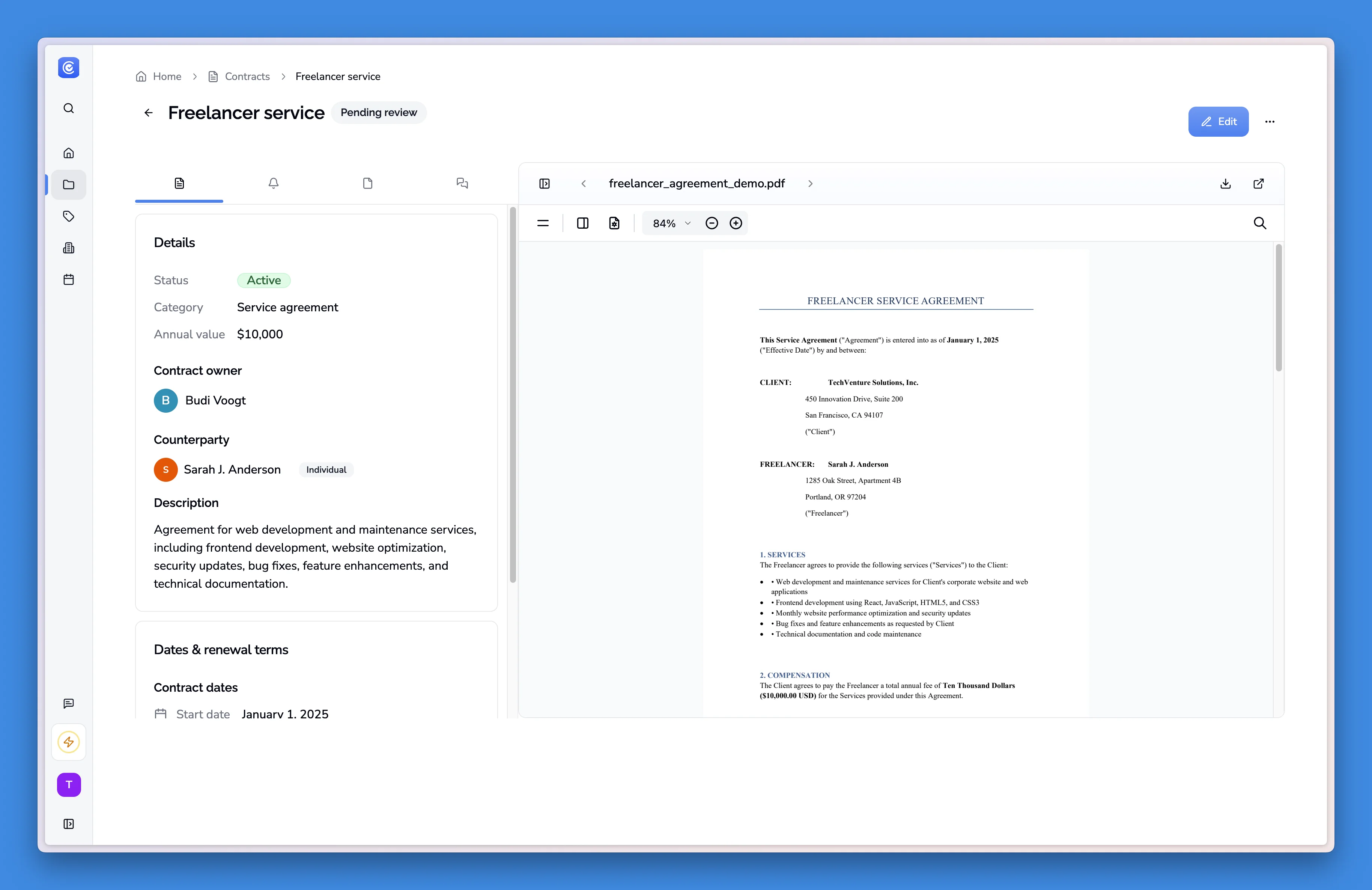 Contracko contract detail view displaying AI-extracted metadata, upcoming renewal deadlines, and document information for comprehensive contract management