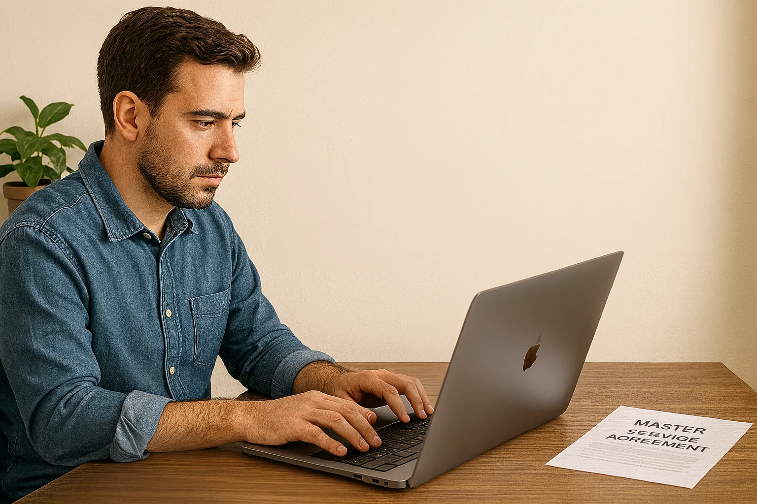 Small business owner using laptop for contract management with automated expiration tracking and renewal reminders on dashboard