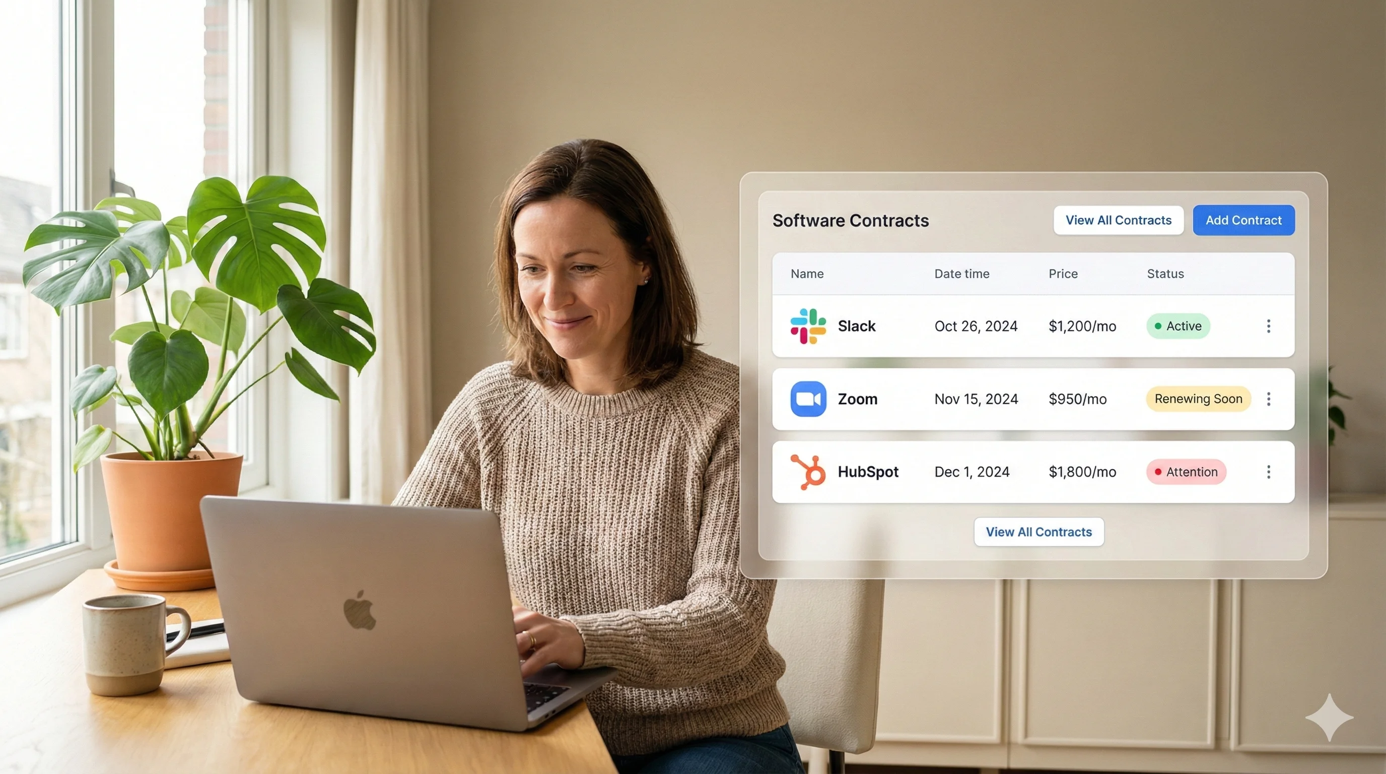 Finance director reviewing centralized SaaS contract repository dashboard showing vendor contracts, renewal dates, and costs