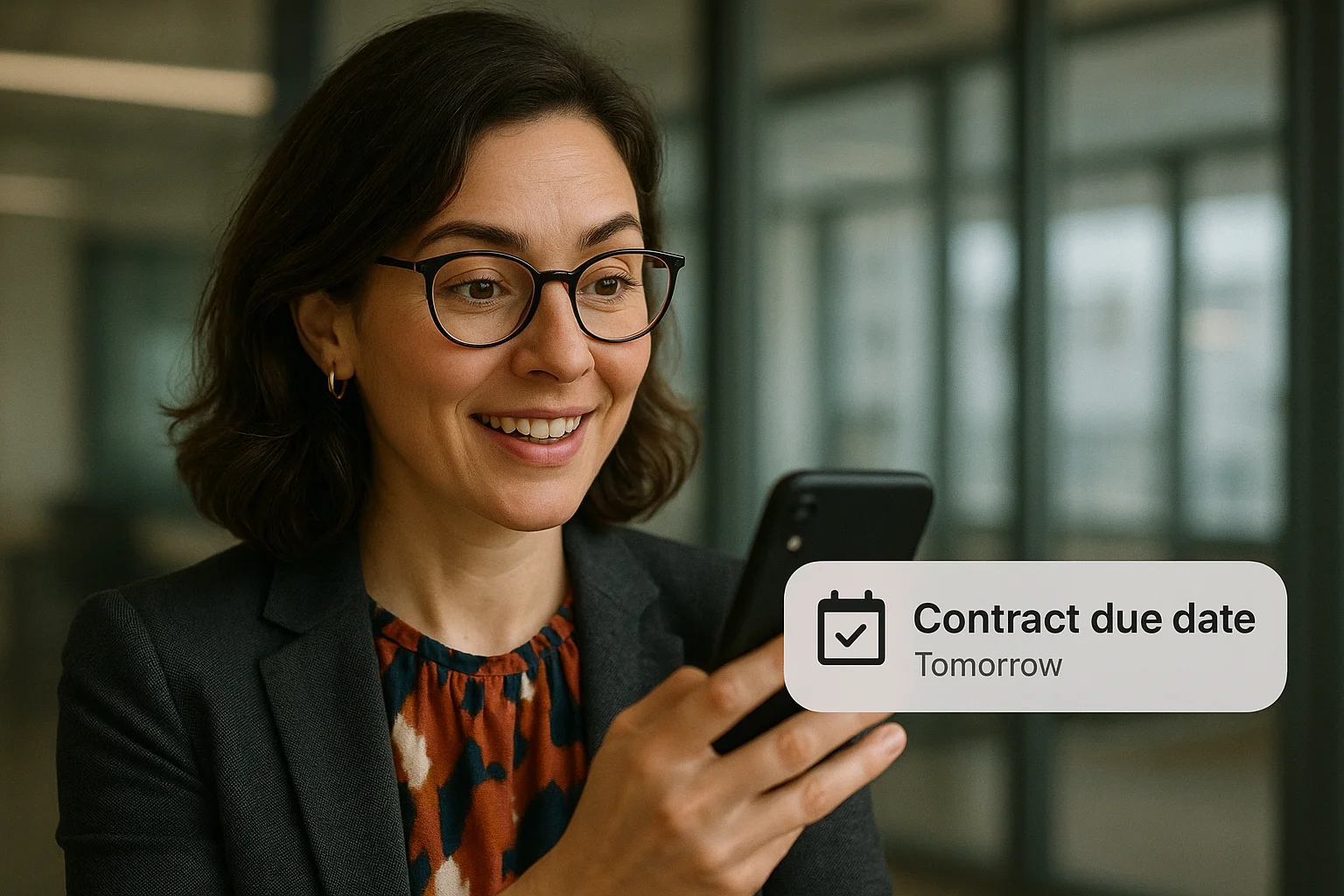 Business professional reviewing automated contract expiration reminder notification on smartphone for deadline tracking and renewal management