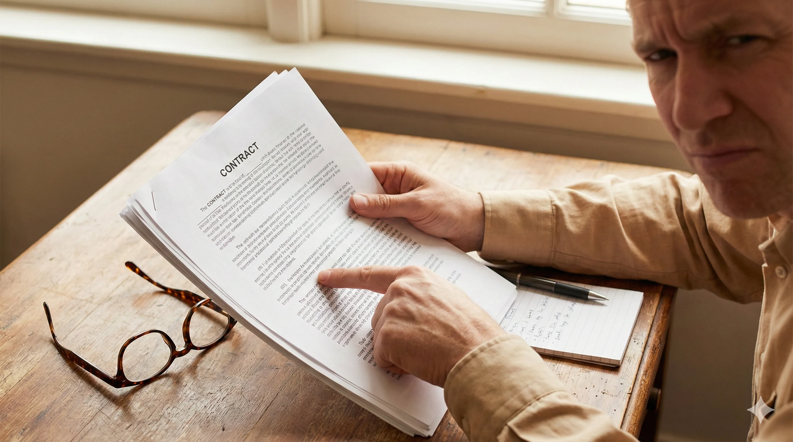 Warning signs highlighting contract risk areas and liability clauses