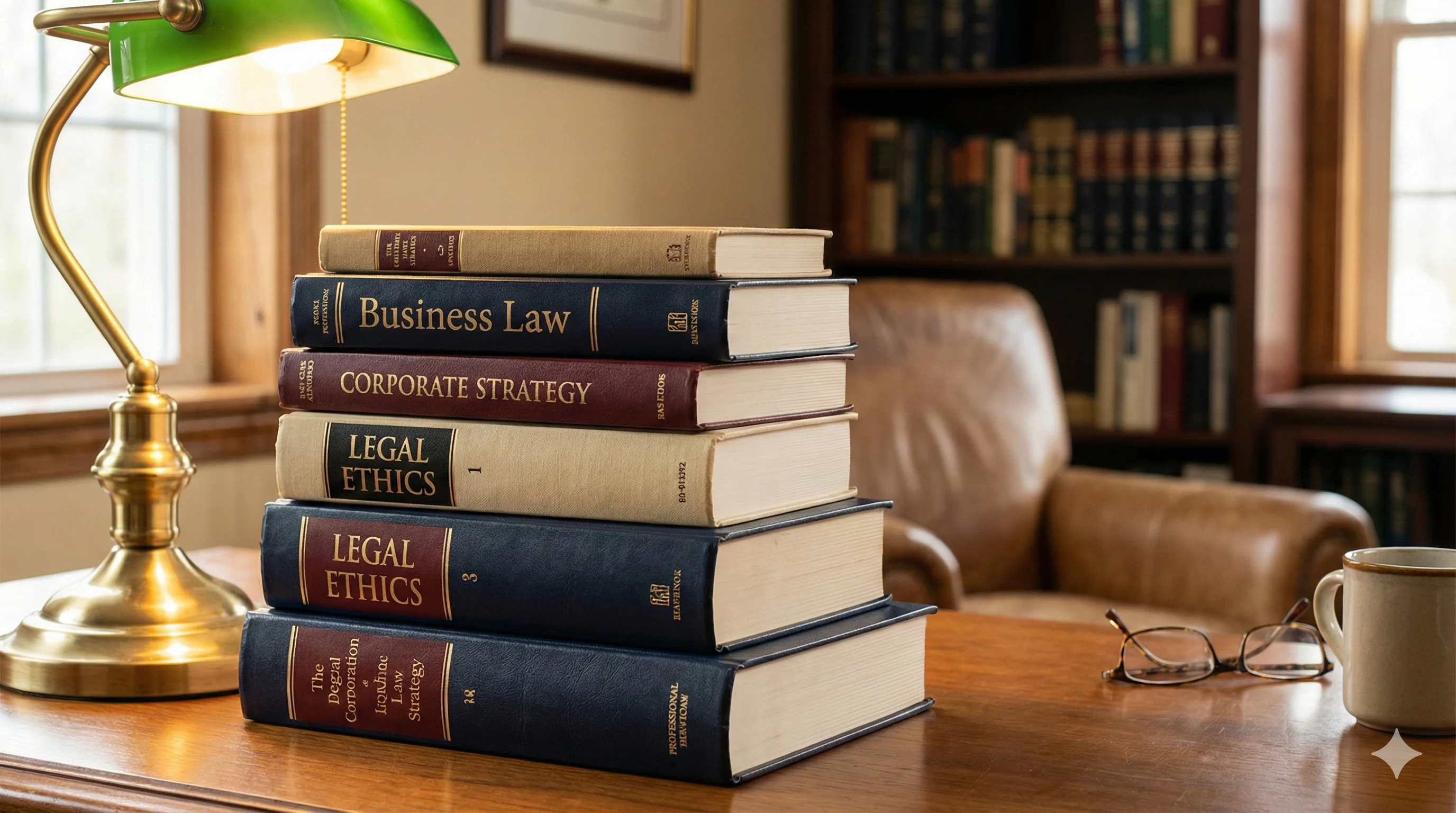 Stack of contract management books and legal references on professional desk