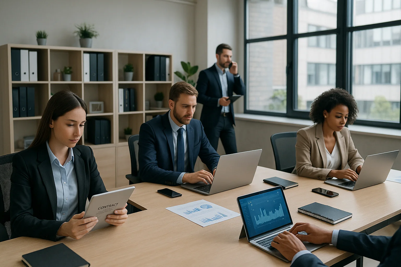 Modern business office with professionals managing contracts on digital devices, showcasing efficient contract repository and management workflows