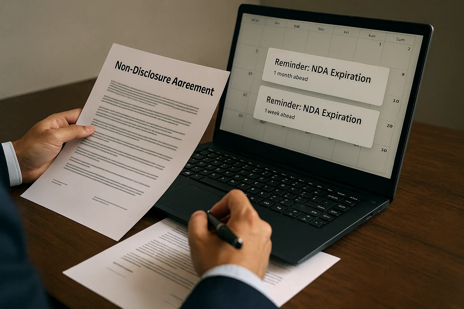 Contract document with calendar showing expiration dates and automated reminder notifications for tracking renewal deadlines