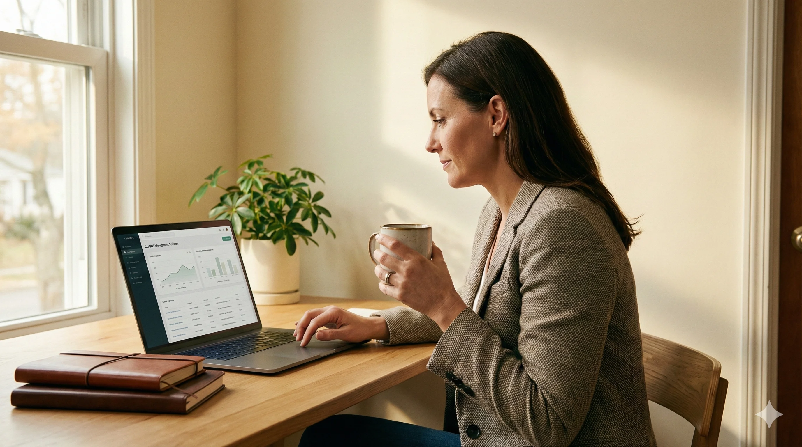 Business professional reviewing contract management technology options on laptop