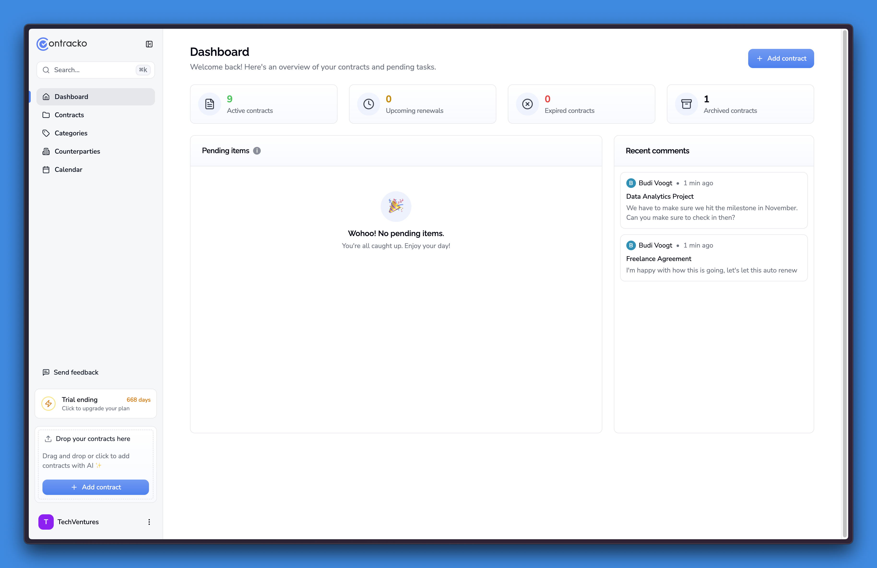 Modern contract tracking dashboard displaying automated alerts, renewal dates, and contract status overview with clean interface and data visualizations