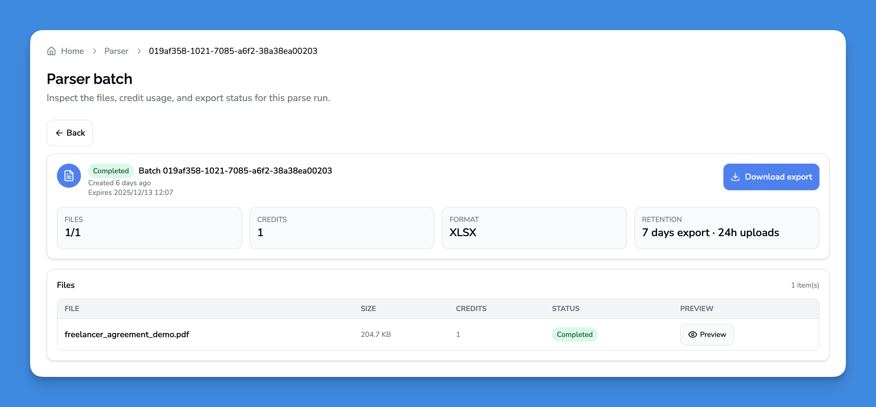 Completed parser batch in Contracko showing file details, credit usage, export format, and download options