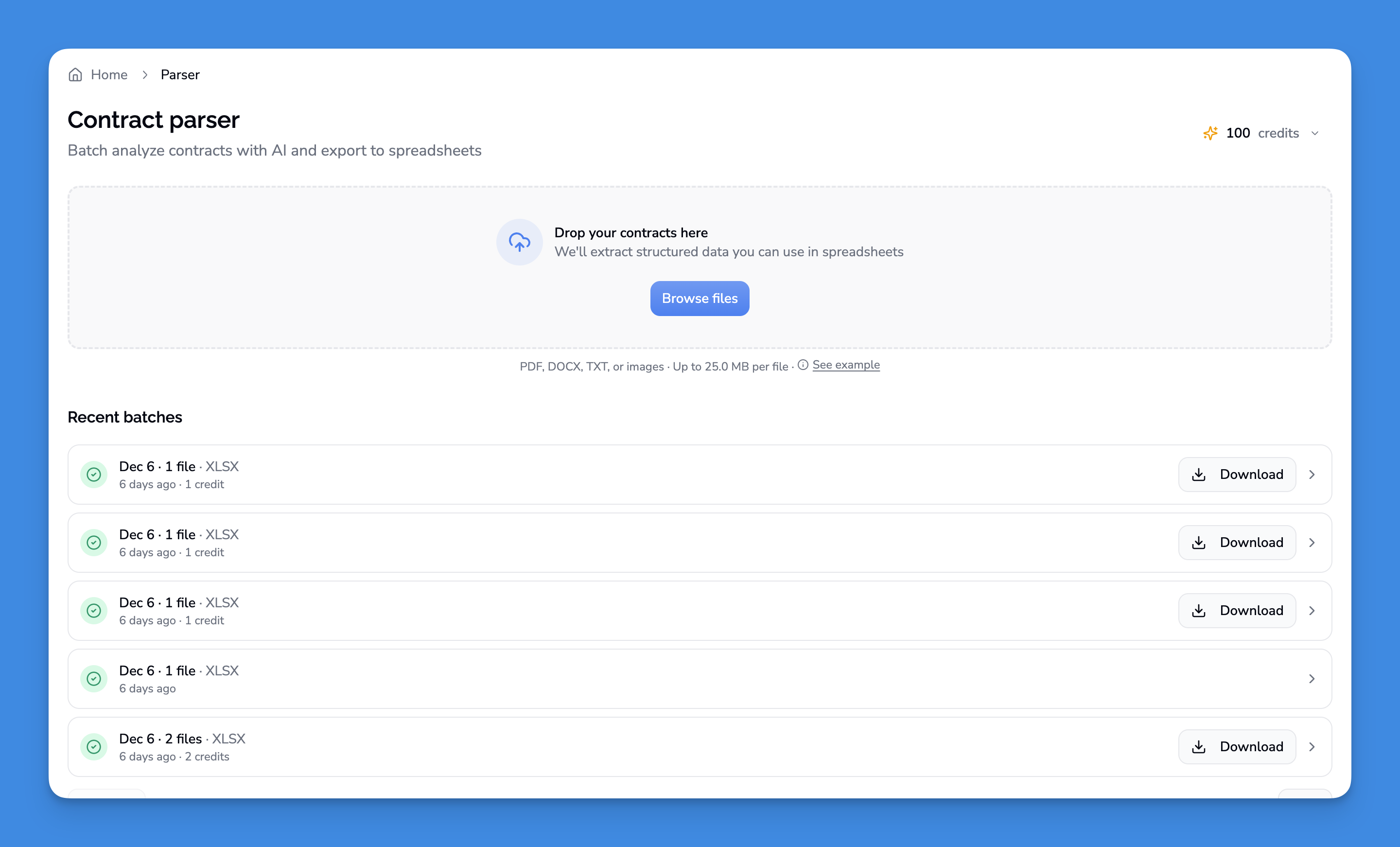 Contracko's Contract Parser dashboard showing drag-and-drop upload interface for batch contract analysis with recent extraction batches listed below
