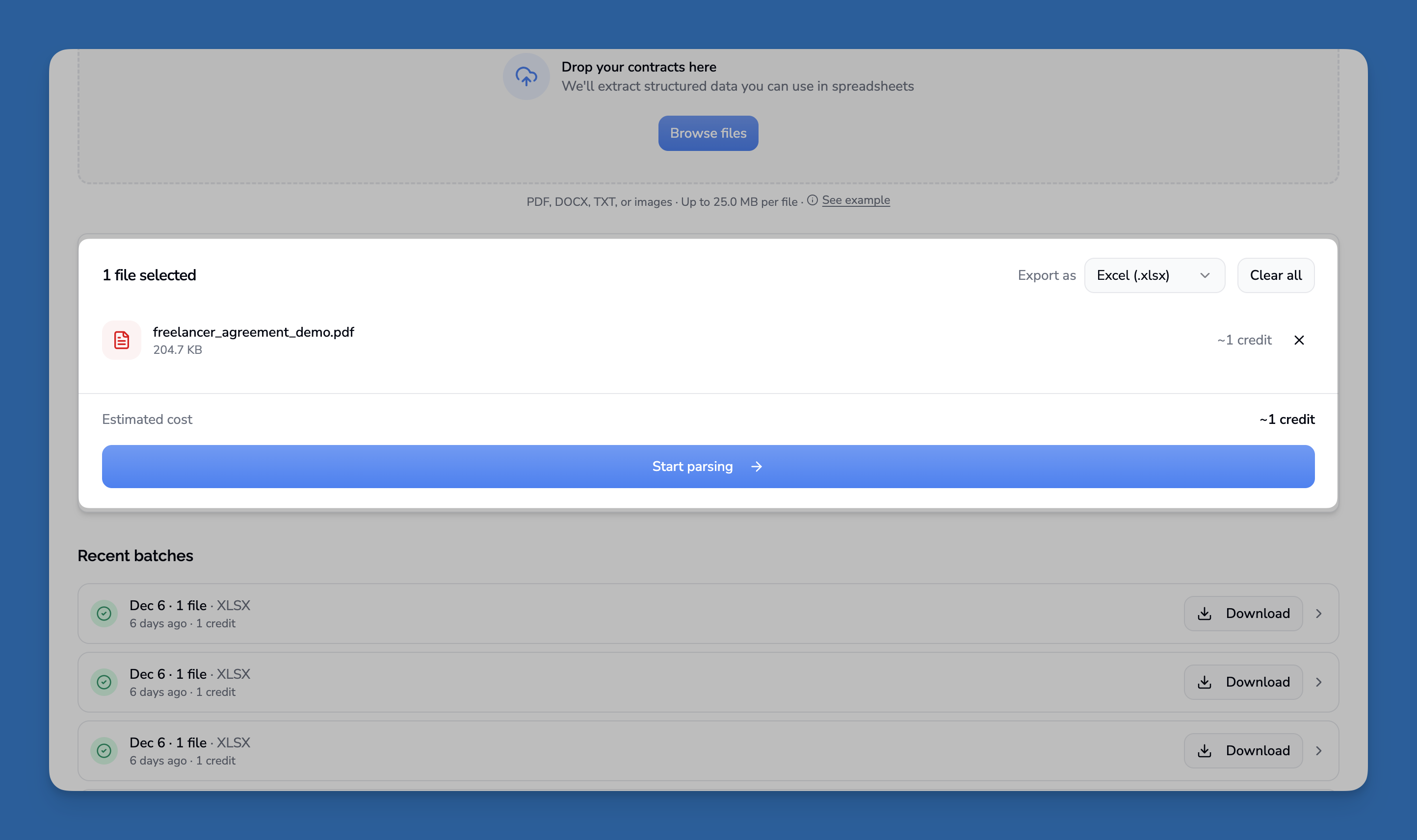 Contracko interface showing a contract file selected for parsing with Excel export option and recent batch history