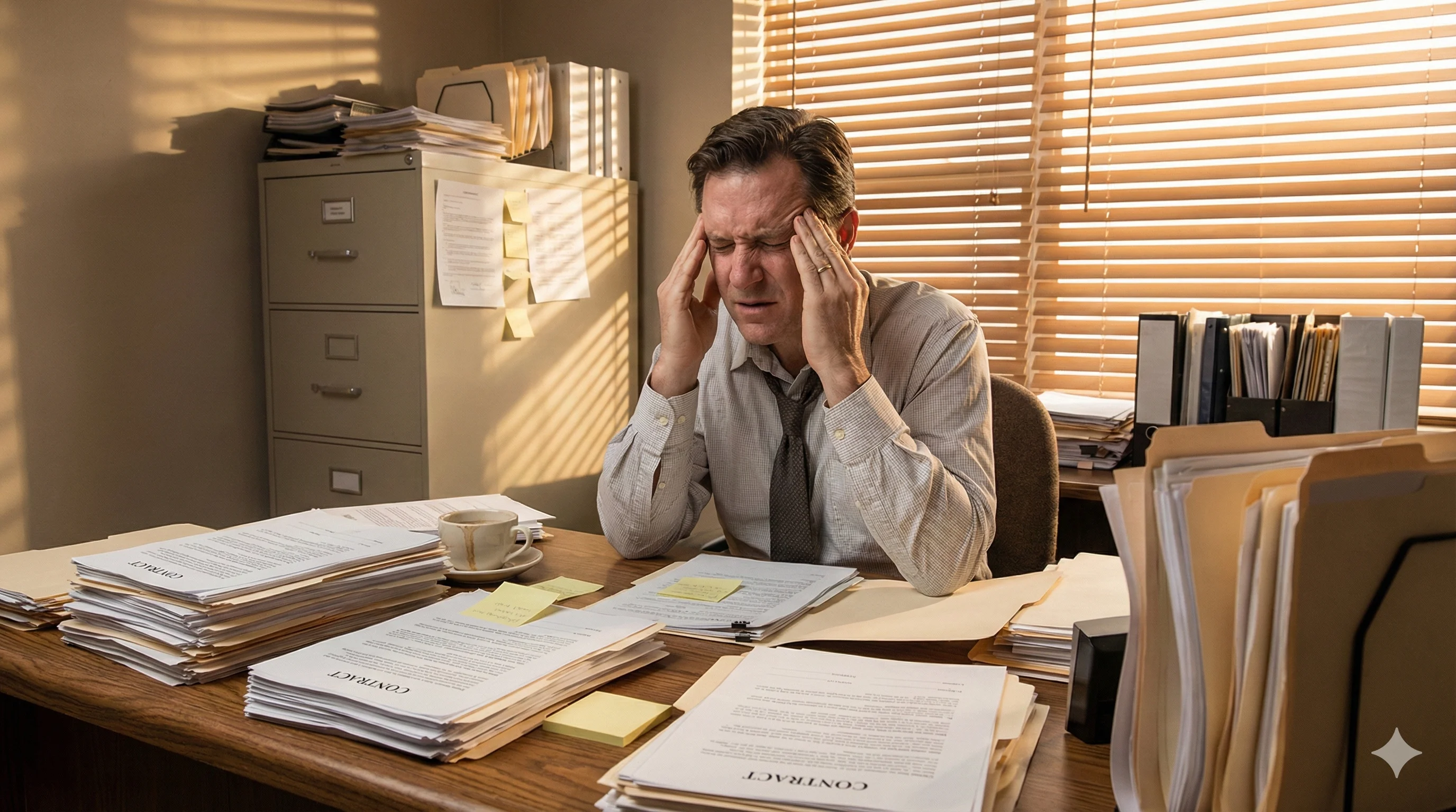 Stressed professional overwhelmed by scattered paper contracts and manual filing systems