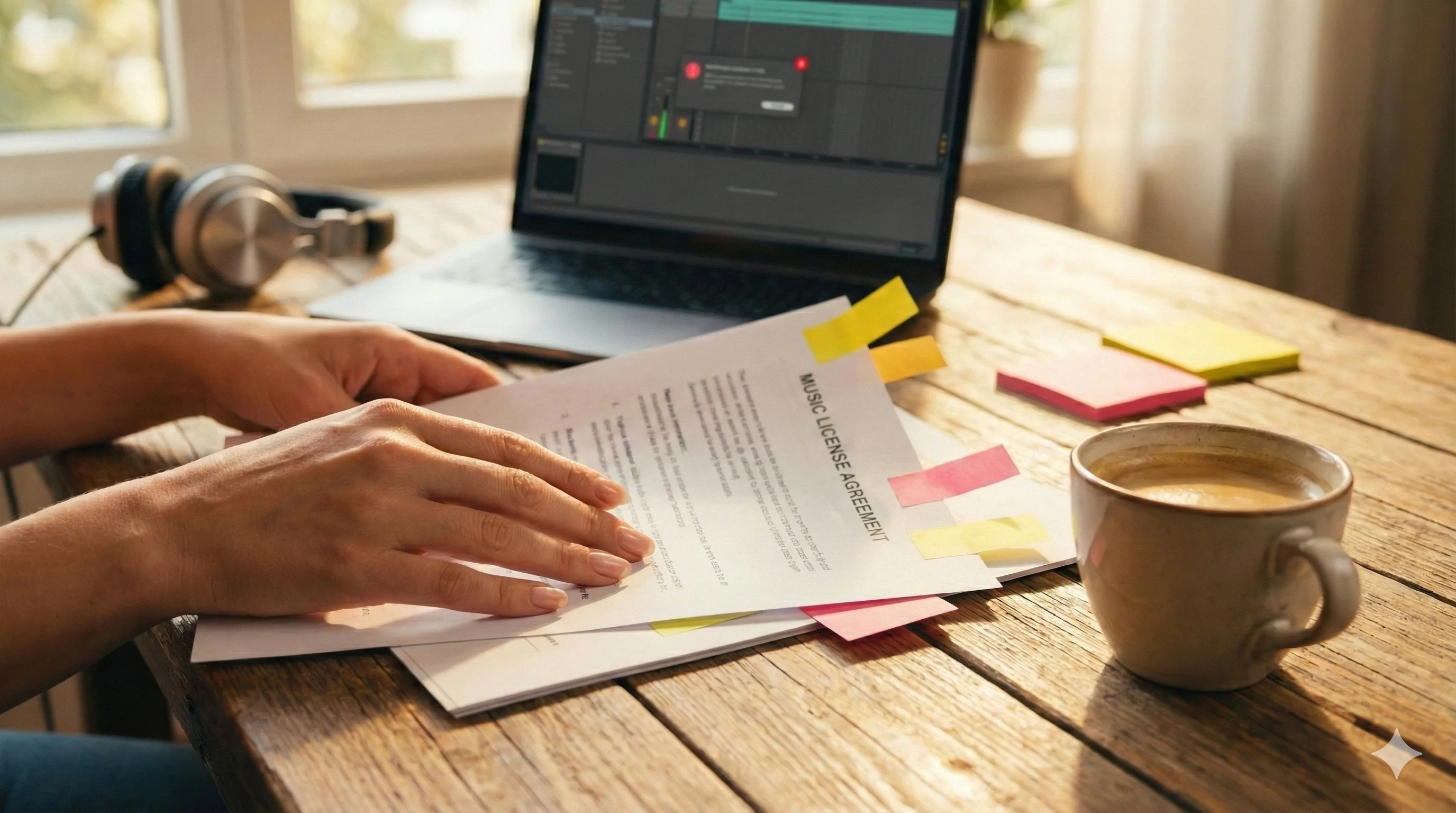 Music professional organizing contracts with Contracko dashboard on screen