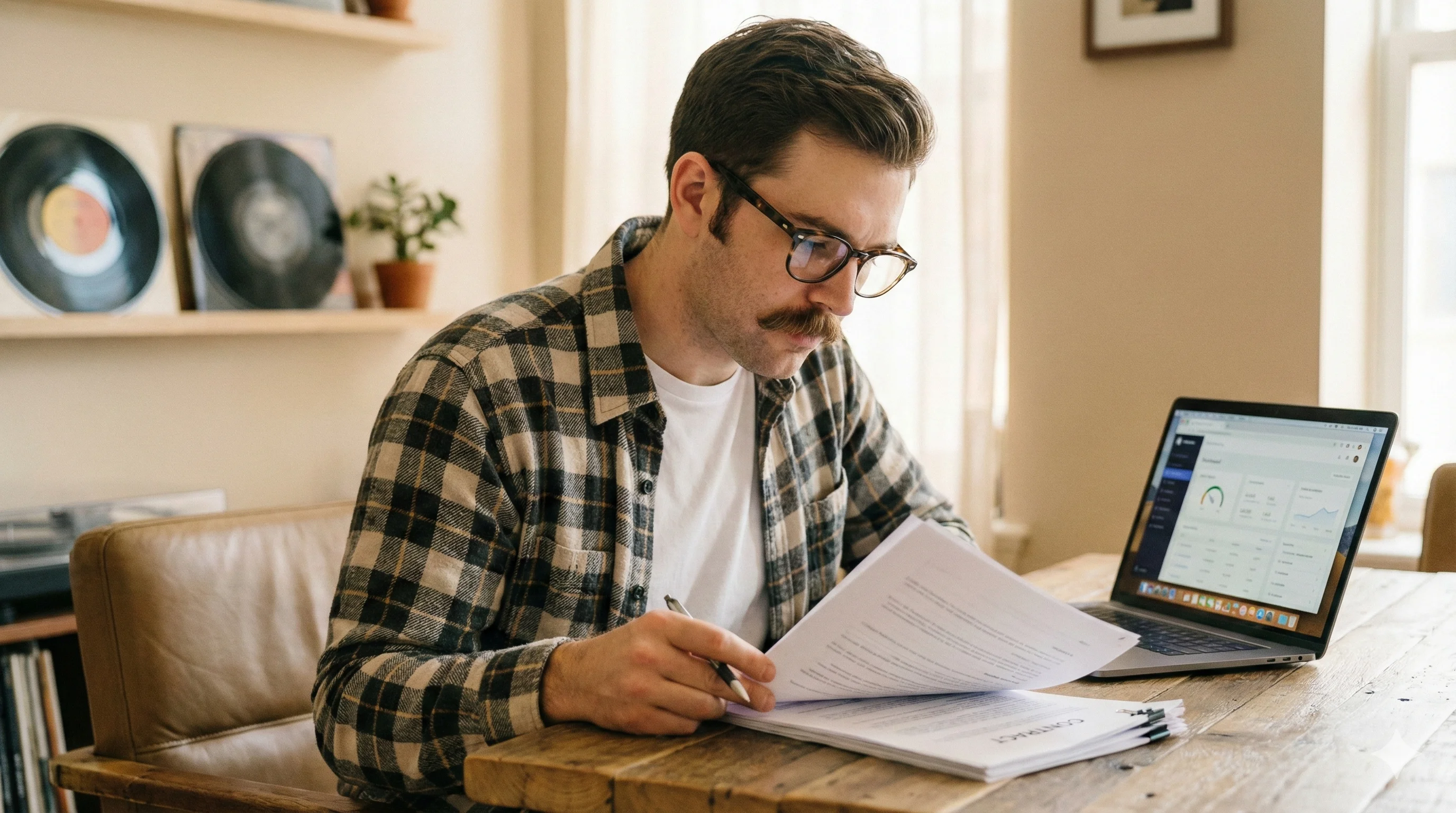 Music industry professional reviewing recording contracts and licensing agreements at desk