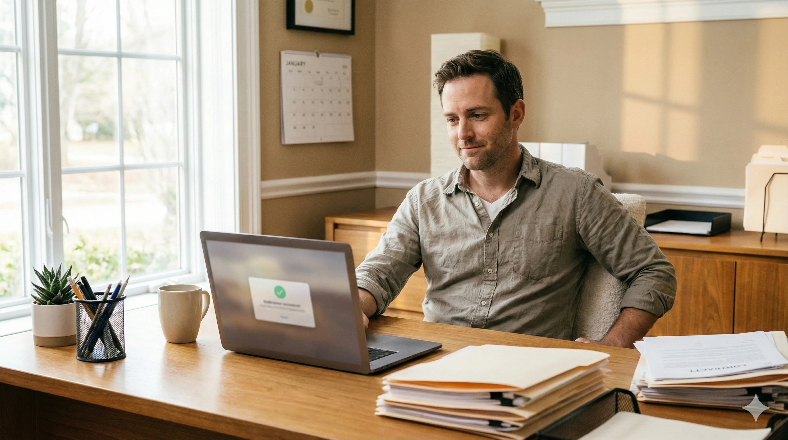 Confident professional with organized workspace using automated contract tracking software