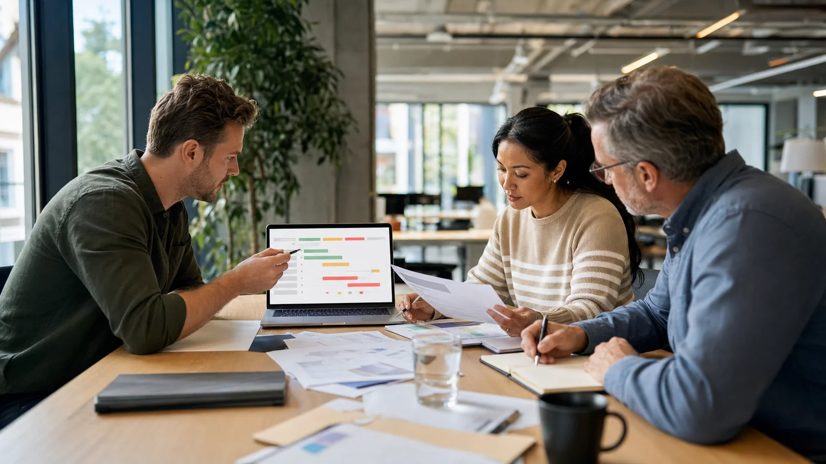 A cross-functional shipping operations team reviewing maritime contracts around a conference table, with laptops, printed documents, and port cranes visible through large office windows in natural light.