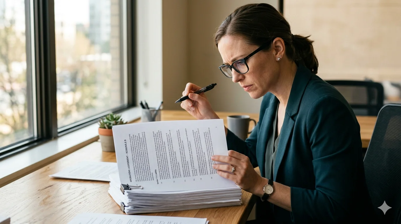 Operationeel manager die een master service agreement doorneemt op kantoor