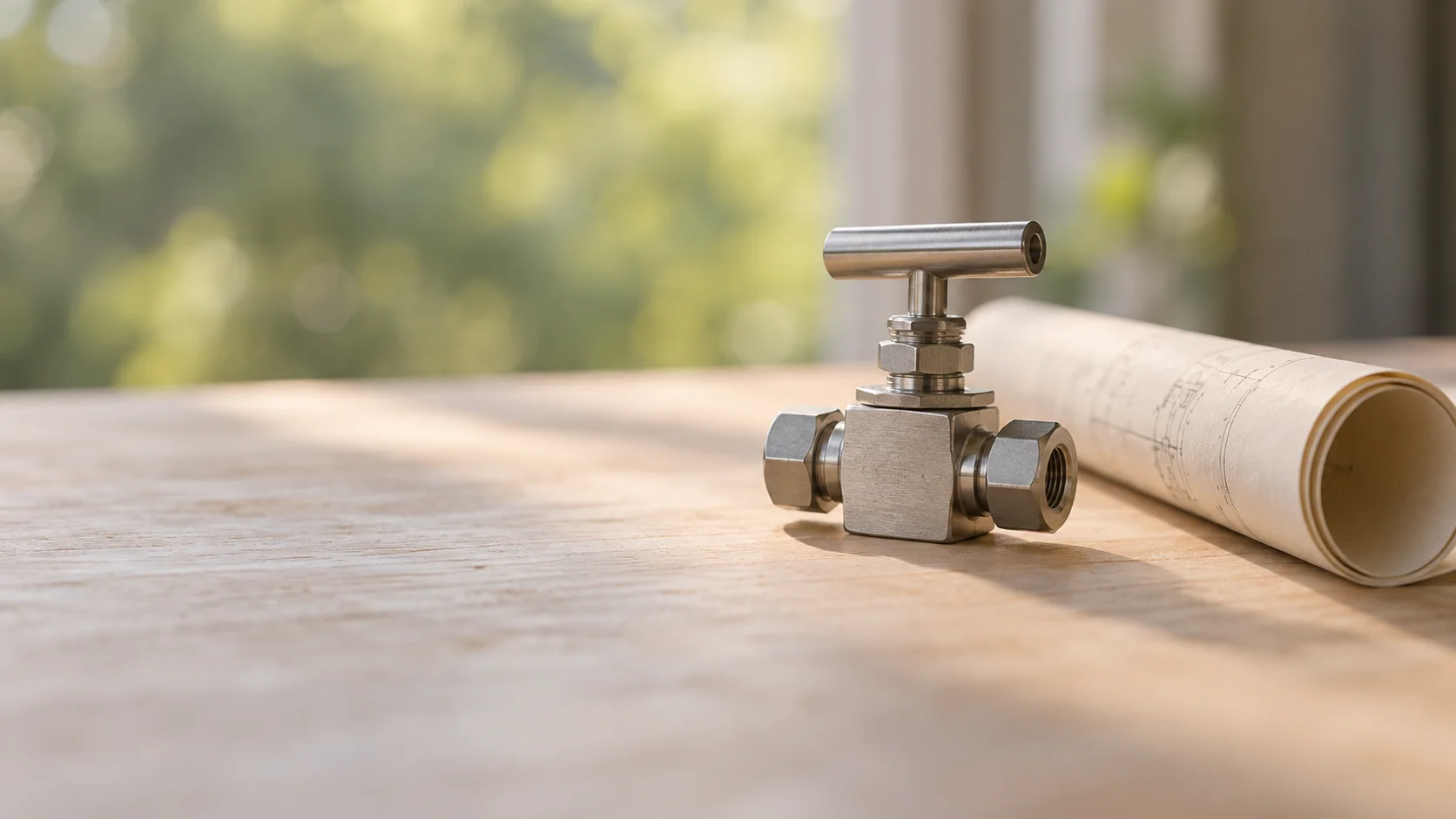 A small steel valve and a rolled engineering drawing on a pale wooden surface in soft window light.