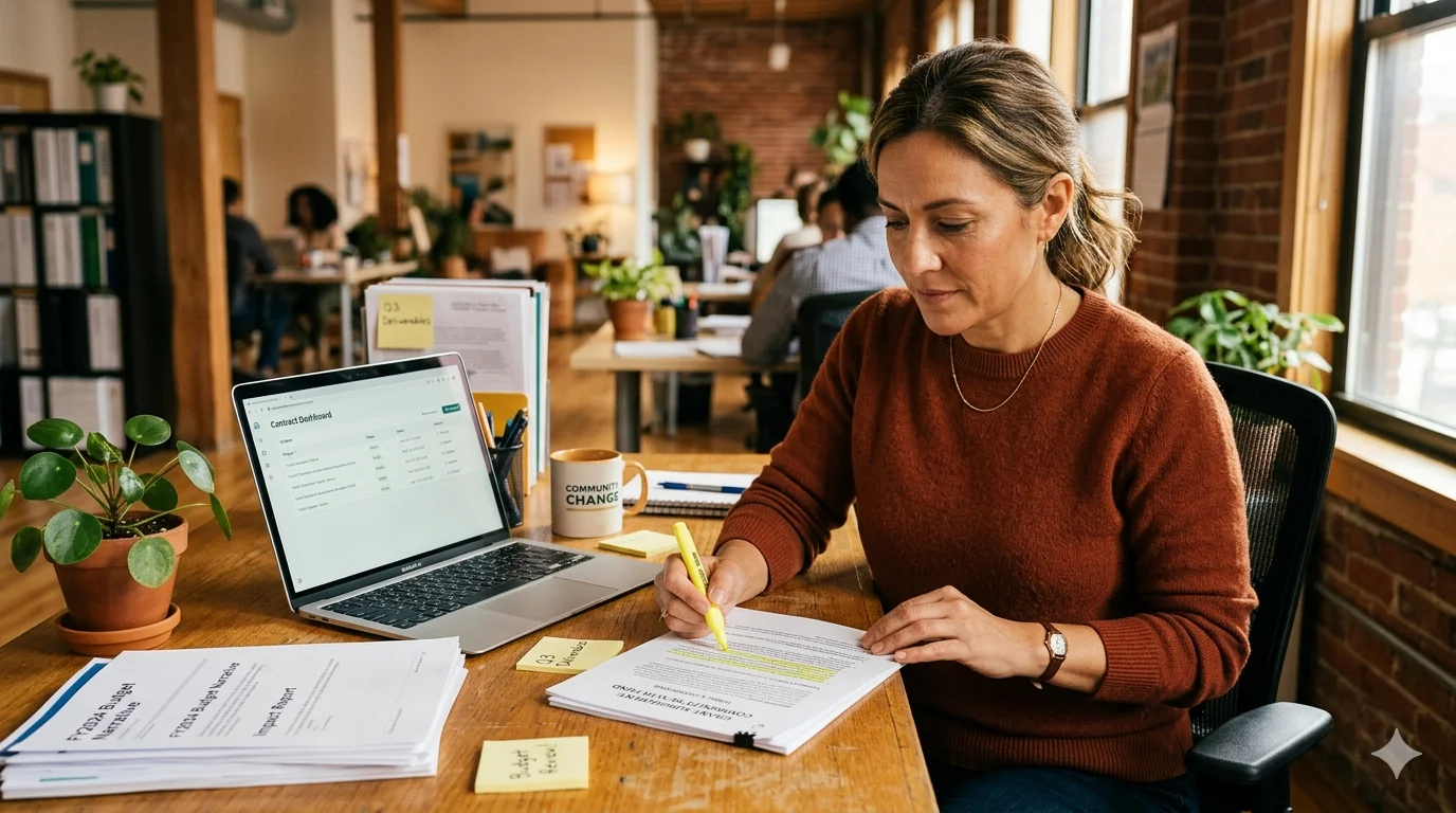 Een non-profit programmamanager aan een bureau, bezig met het doornemen van subsidiedocumenten, met een laptop waarop een contractbeheerdashboard zichtbaar is