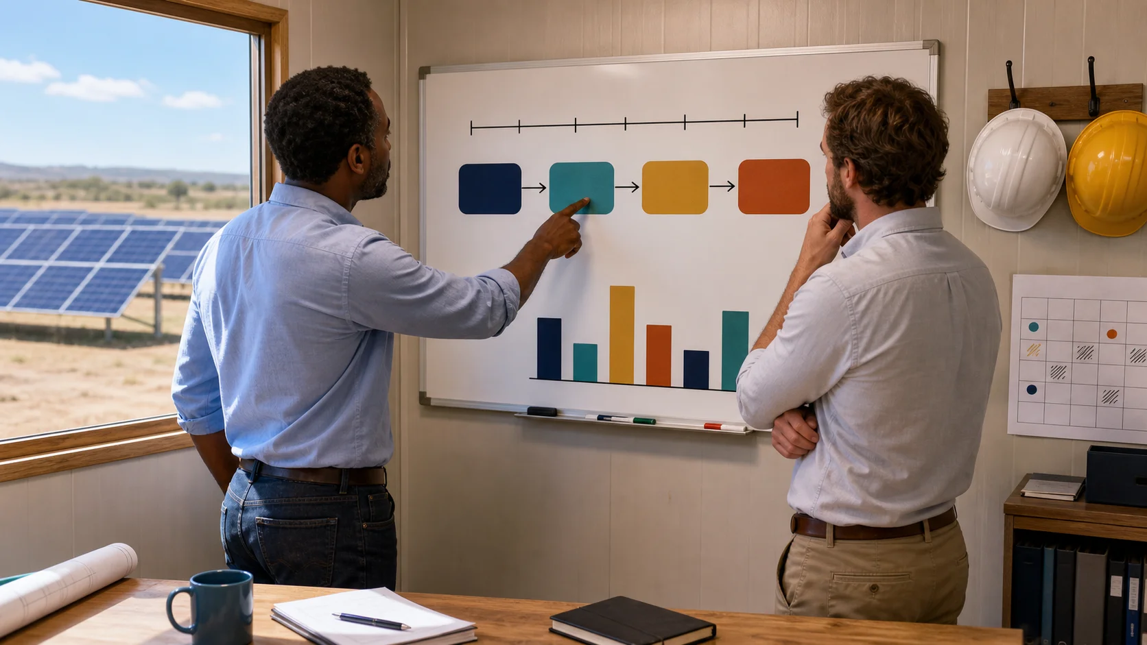 Projektutvecklare och köpare granskar en ifylld projekttidslinje på en whiteboard i ett byggkontor med utsikt över solpaneler