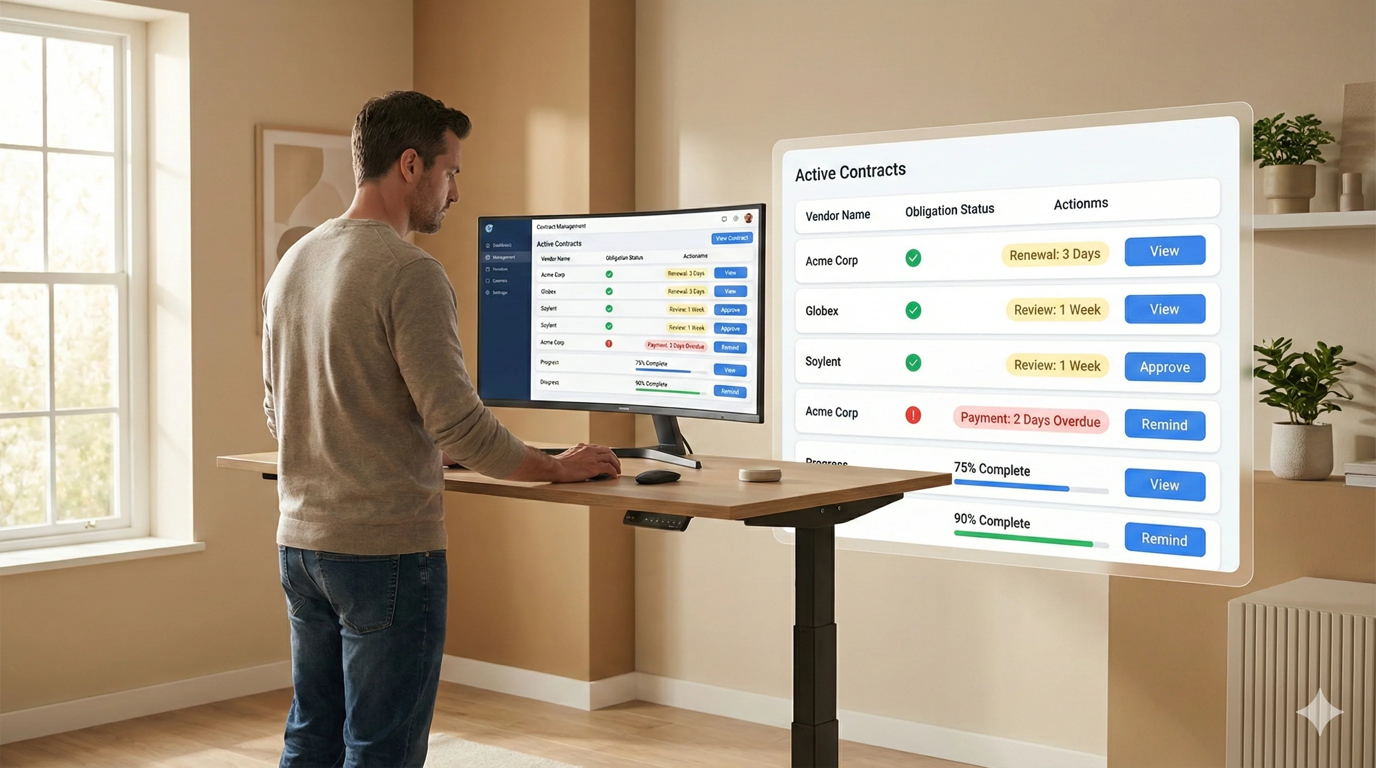 Small business owner reviewing contract obligation tracking dashboard showing deliverable status, deadlines, and completion progress