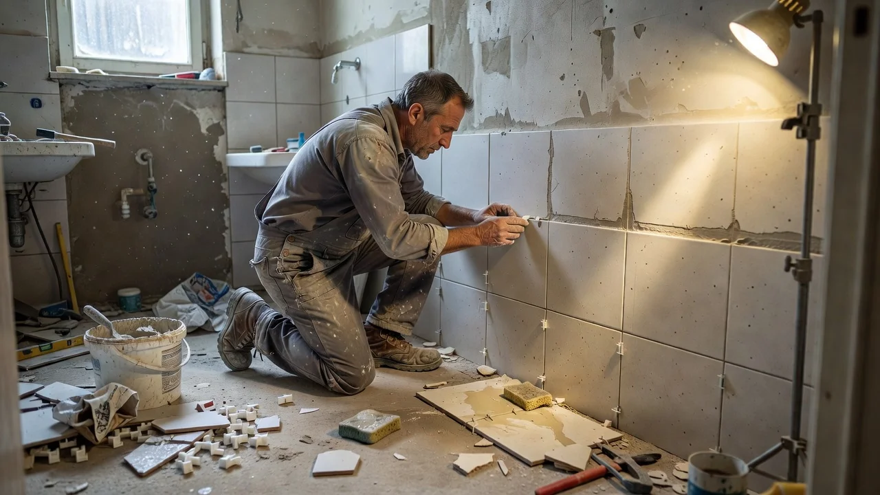 Kakelsättare i arbetskläder som sätter väggplattor i en badrumsrenovering