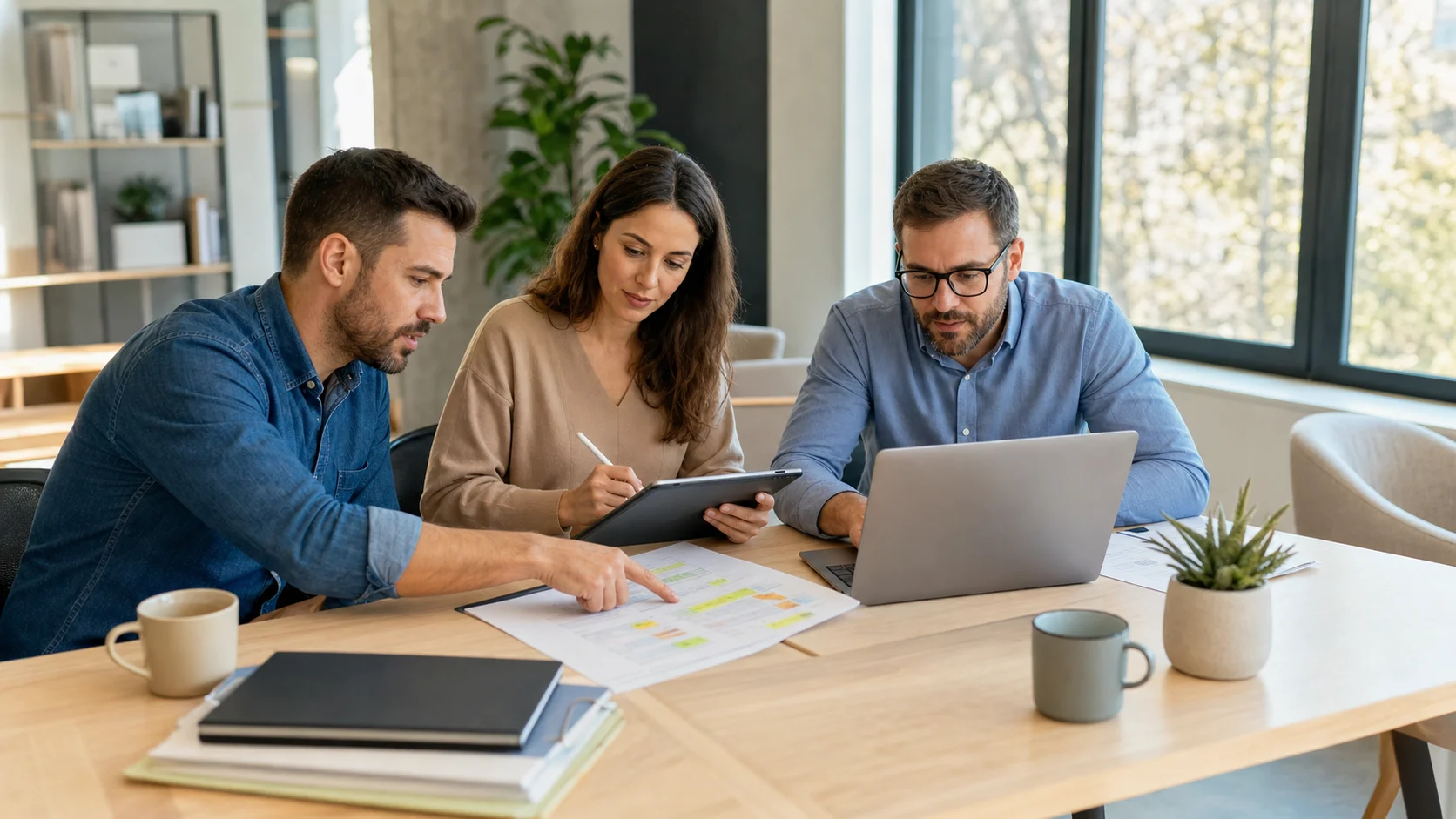 Ein Einkaufsleiter prüft Lieferantenverträge an einem Schreibtisch mit physischen Warenmustern und einem Laptop mit Vertragsmanagement-Software geöffnet