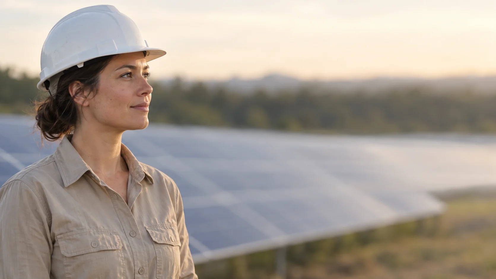A project engineer in a white hard hat beside a softly blurred solar installation in warm morning light.