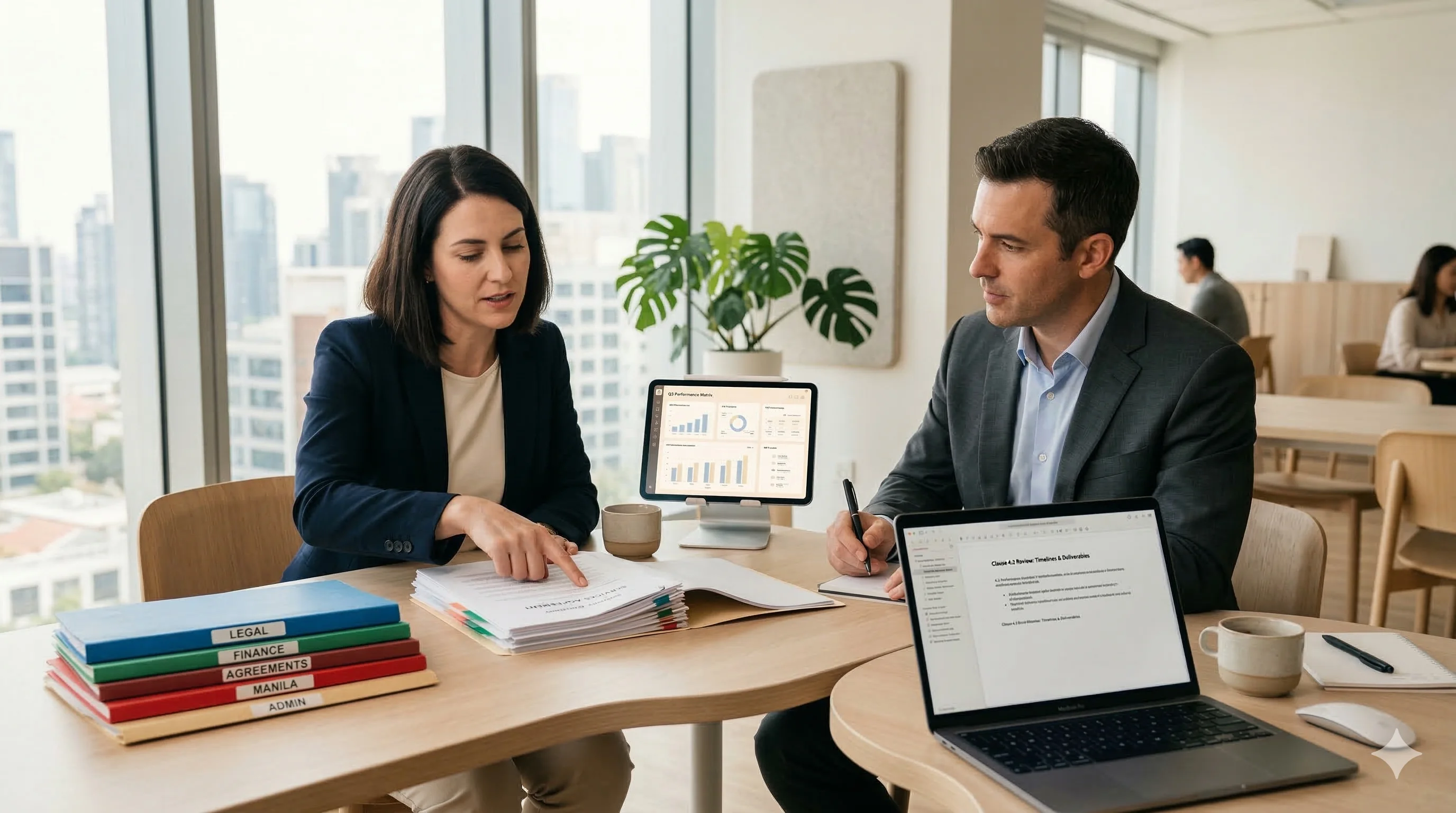 Two colleagues discussing contract terms over coffee in a modern office