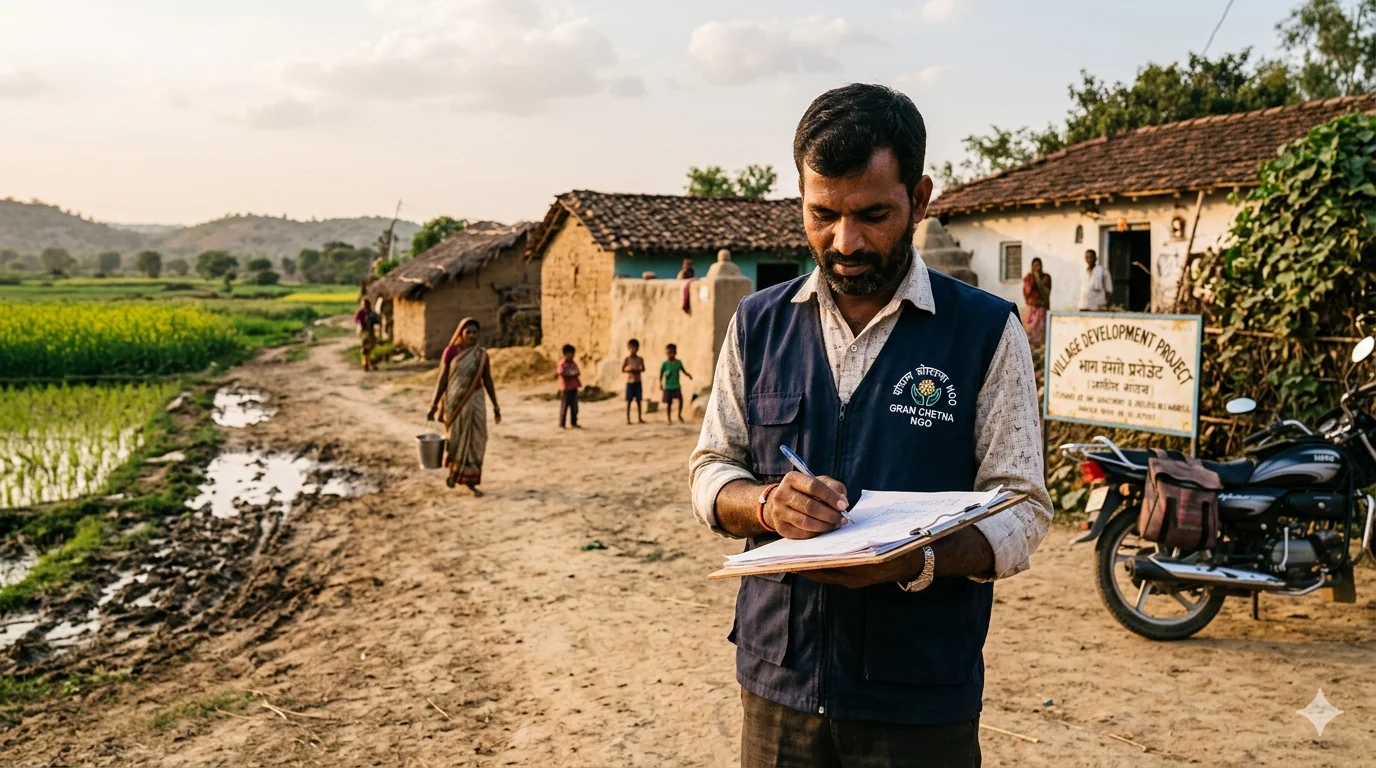 Een georganiseerd bureau met contractmappen en een laptop met zoekresultaten voor gecentraliseerde contractopslag bij non-profits