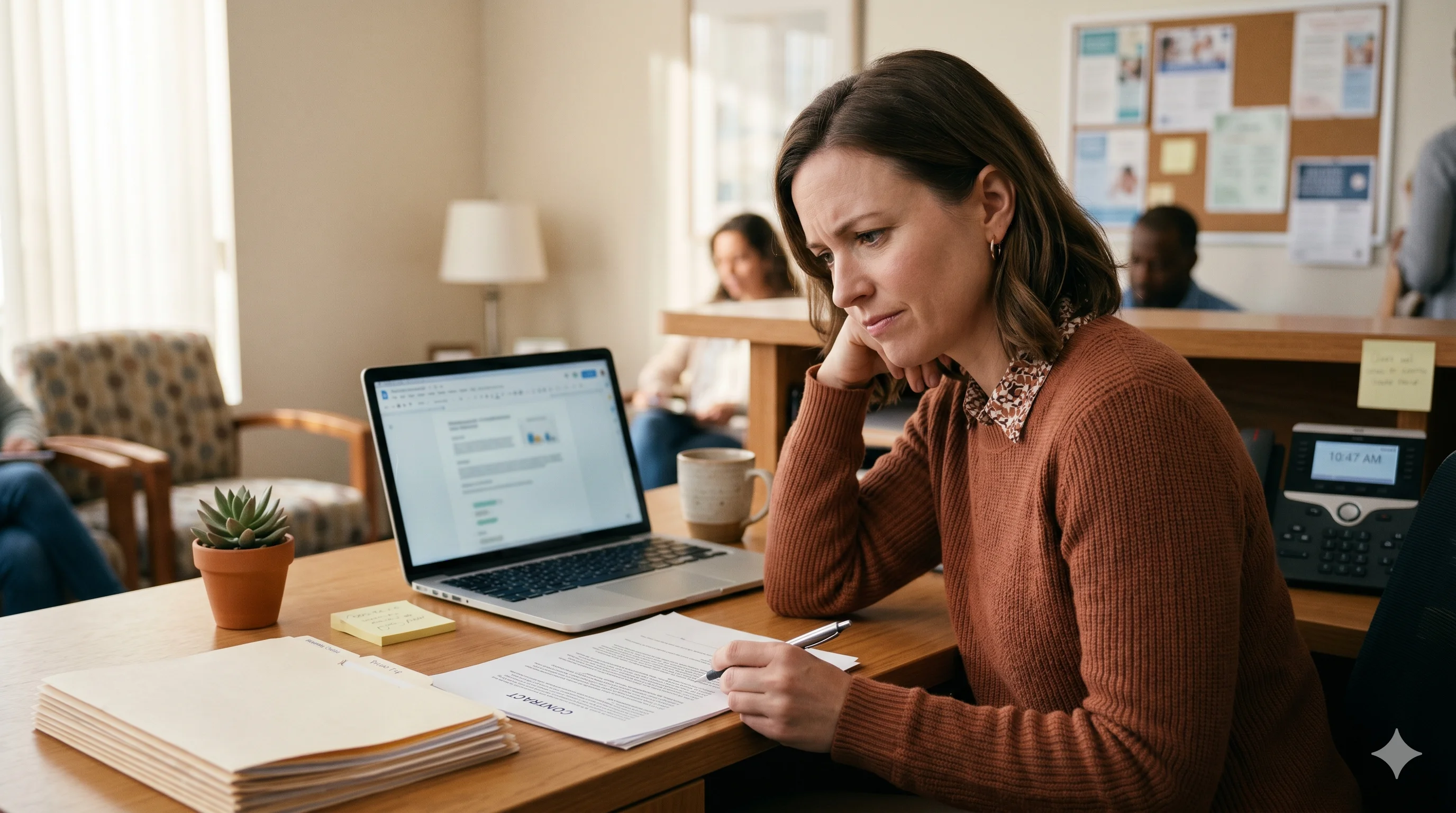 A practice administrator at the front desk of a small medical clinic, reviewing a contract on a laptop, with patient files and a calendar visible in the background. Soft natural light, warm tones, mid-morning before patients arrive.