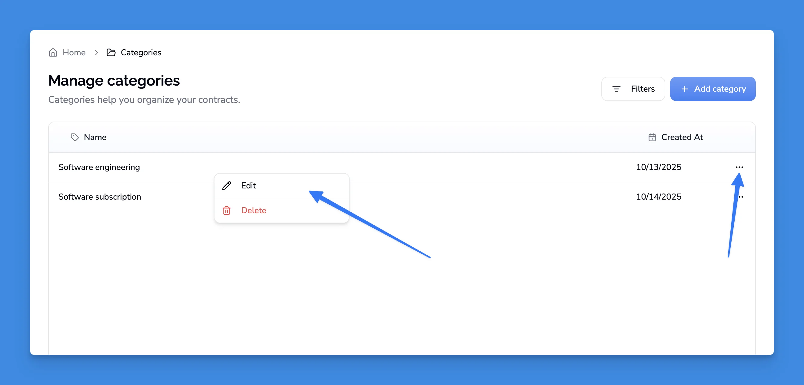 Delete contract type button