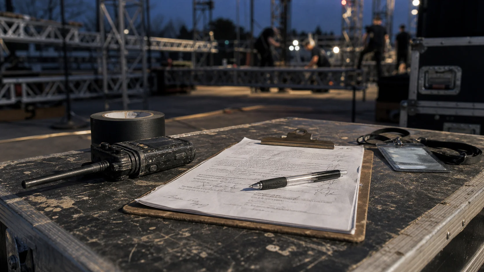 Una carpeta de pinza desgastada con un contrato de evento firmado descansa sobre una mesa plegable entre bastidores, junto a un walkie-talkie y un rollo de cinta americana, mientras el equipo técnico monta un escenario al fondo.