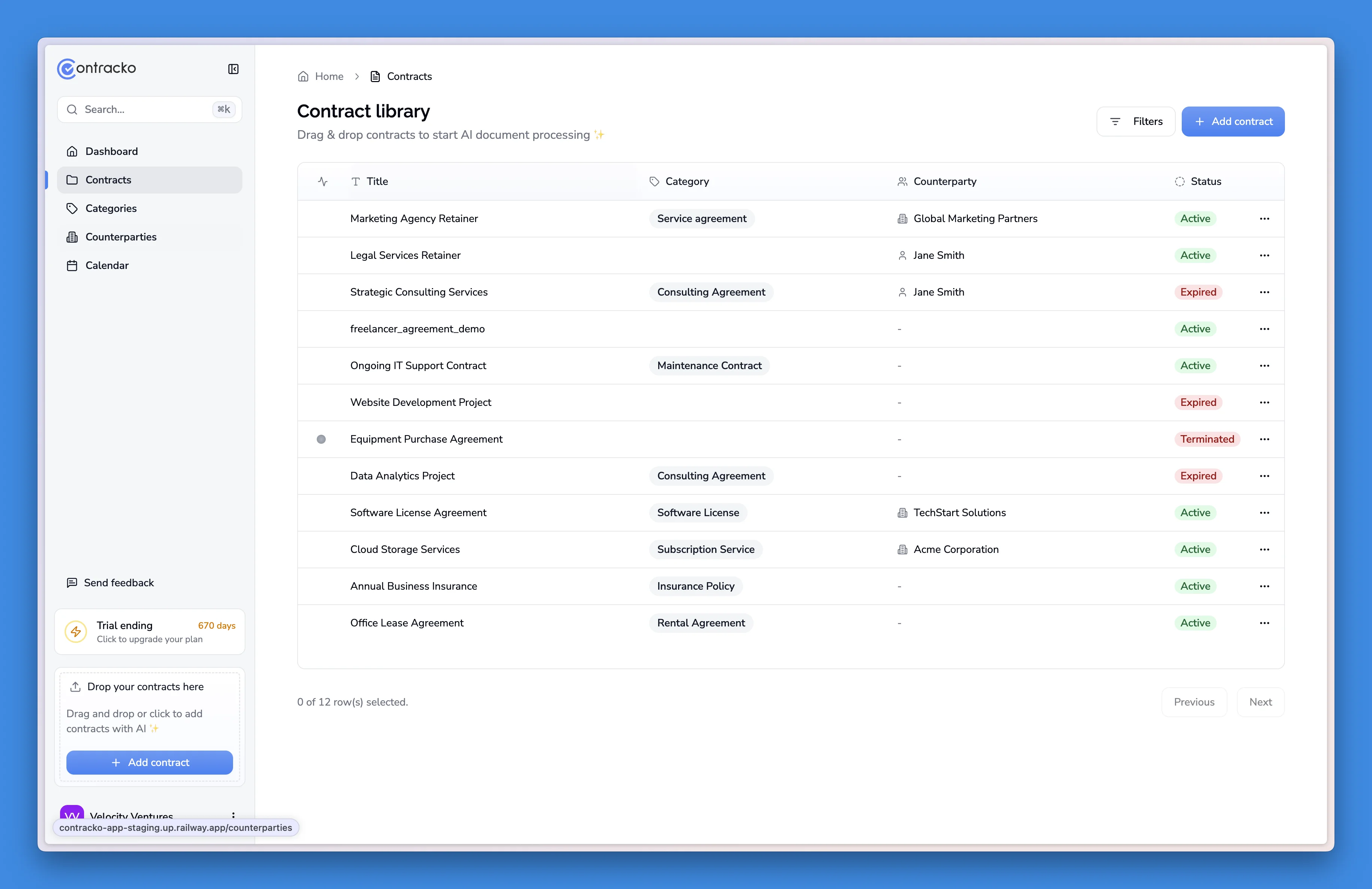 Contracko contract library showing centralized repository with contracts organized by title, contract type, counterparty, and status
