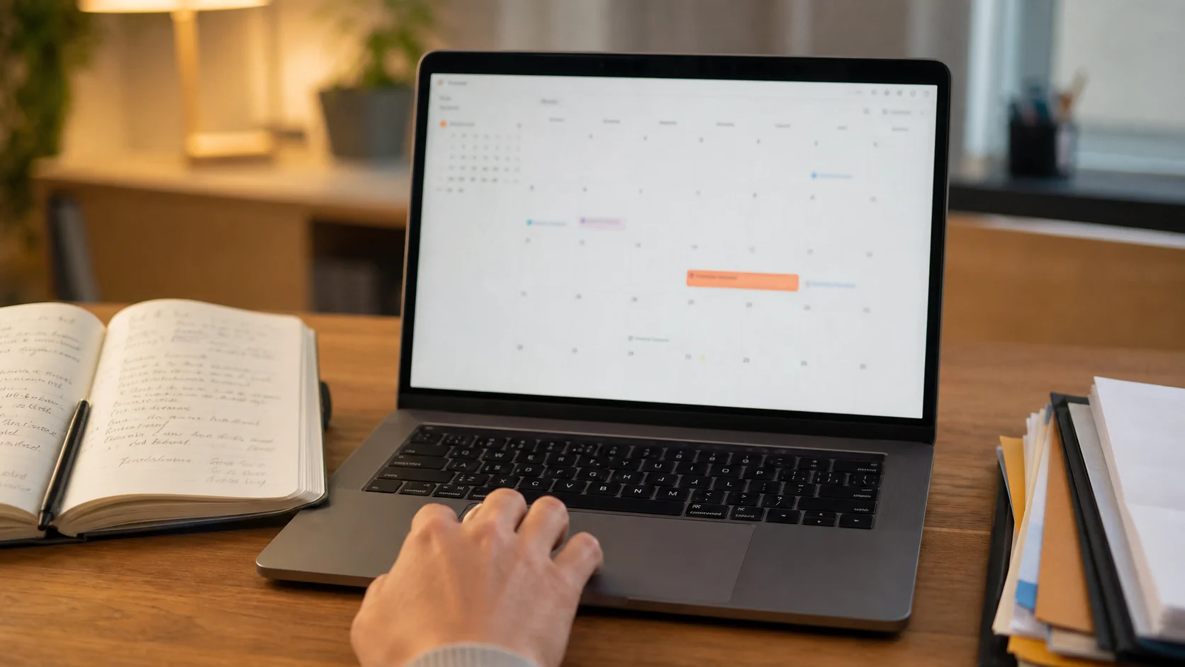 Eine Customer-Success-Managerin überprüft einen Vertragsverlängerungs-Workflow auf einem Laptop-Bildschirm, an einem hellen Schreibtisch mit geordneten Dokumentenmappen und einem Kalender in der Nähe
