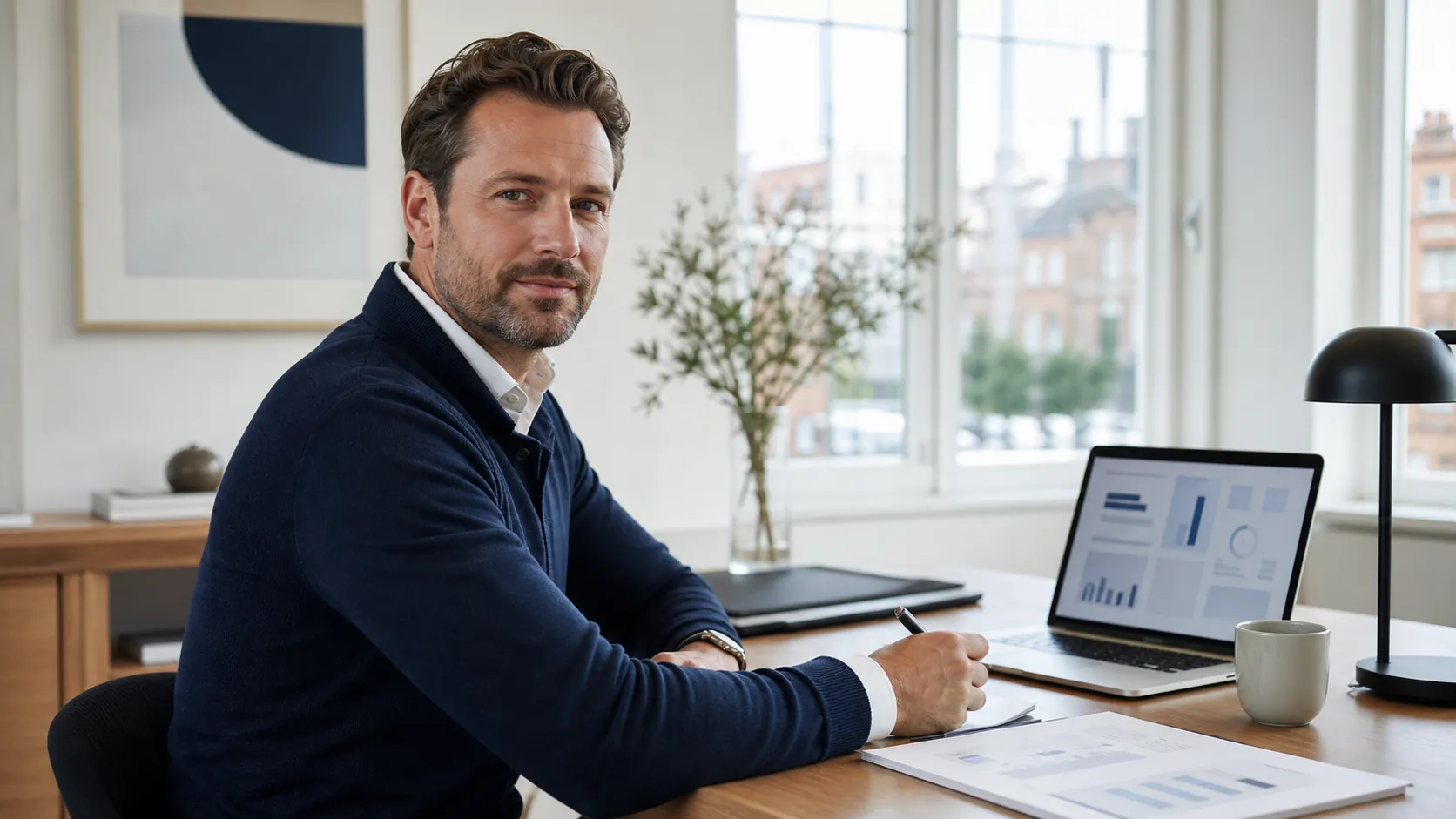 Professional bekijkt een contractoverzicht in een licht kantoor
