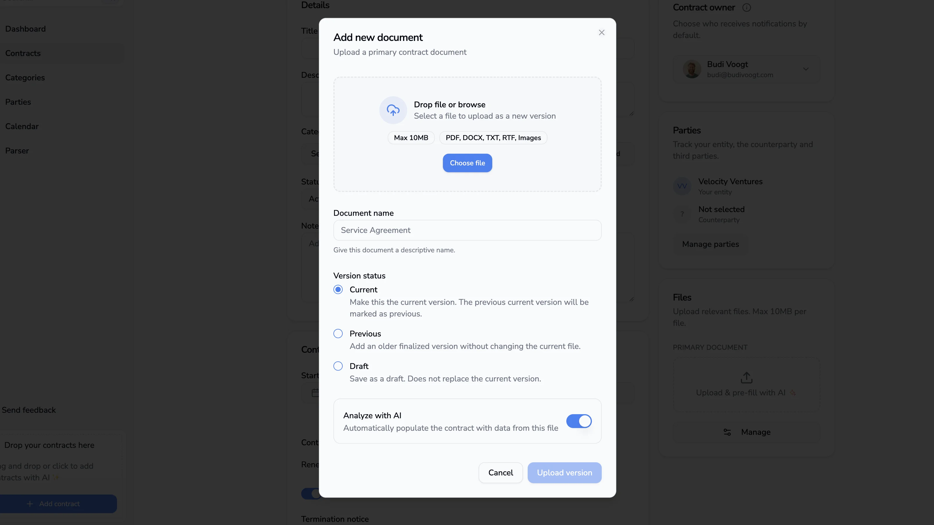 Versietype-selector bij het toevoegen van een contract